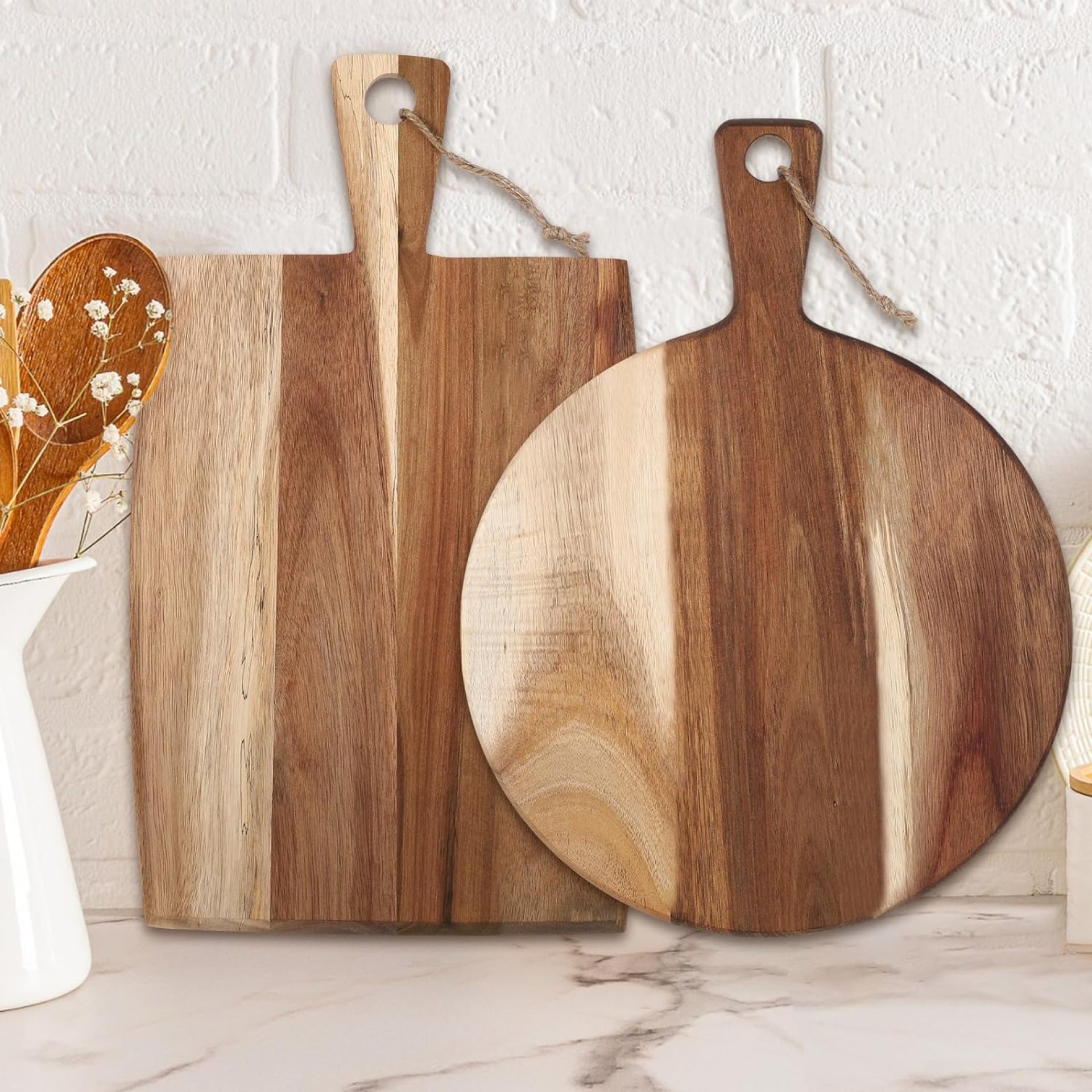 Hsei 2 Pcs Acacia Wood Cutting Board with Handle Wooden Charcuterie Board Large Paddle Carving Chopping Set Butter Serving Tray for Cheese Meat Fruit Pizza Bread Baking(Classic Handle) Hsei 2 Pcs Acacia Wood Cutting Board with Handle Wooden Charcuterie Board Large Paddle Carving Chopping Set Butter Serving Tray for Cheese Meat Fruit Pizza Bread Baking(Classic Handle)