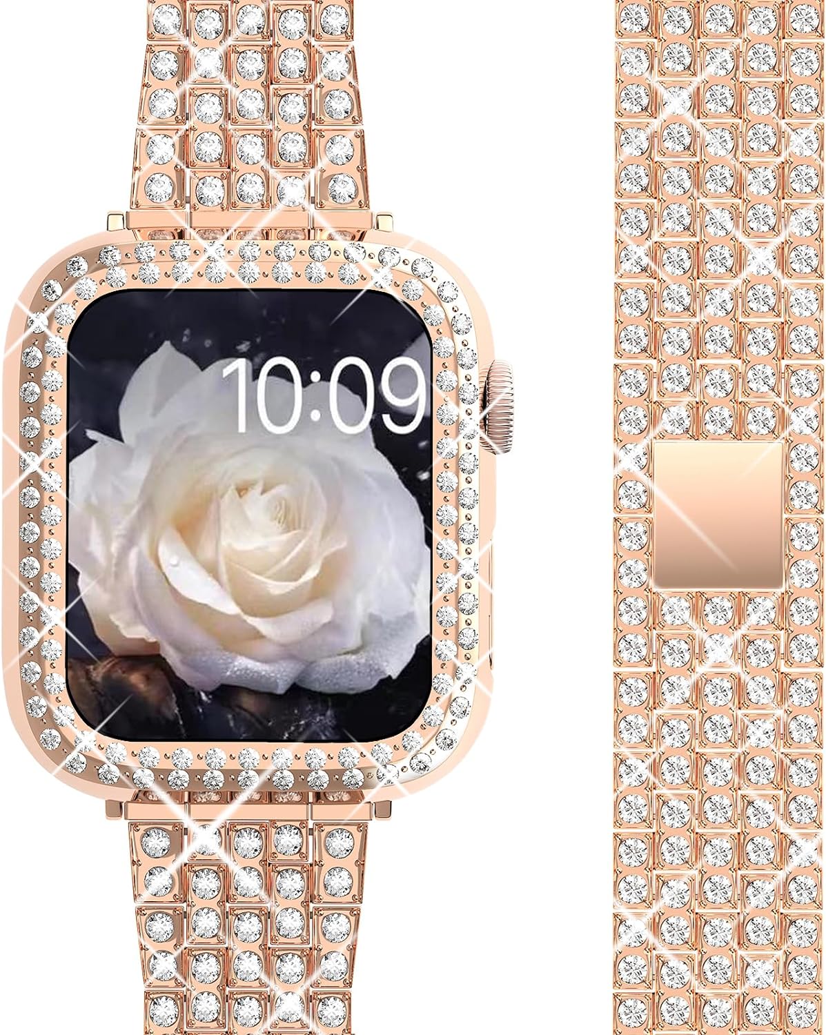QVLANG Compatible with Apple Watch Band Series 9/8/7 41mm, Bling Series Band for Women + Diamond Rhinestone Case, Stainless Steel Metal Bracelet Strap for iWatch 7 8 9(Rose Gold, 41mm) QVLANG Compatible with Apple Watch Band Series 9/8/7 41mm, Bling Series Band for Women + Diamond Rhinestone Case, Stainless Steel Metal Bracelet Strap for iWatch 7 8 9(Rose Gold, 41mm)