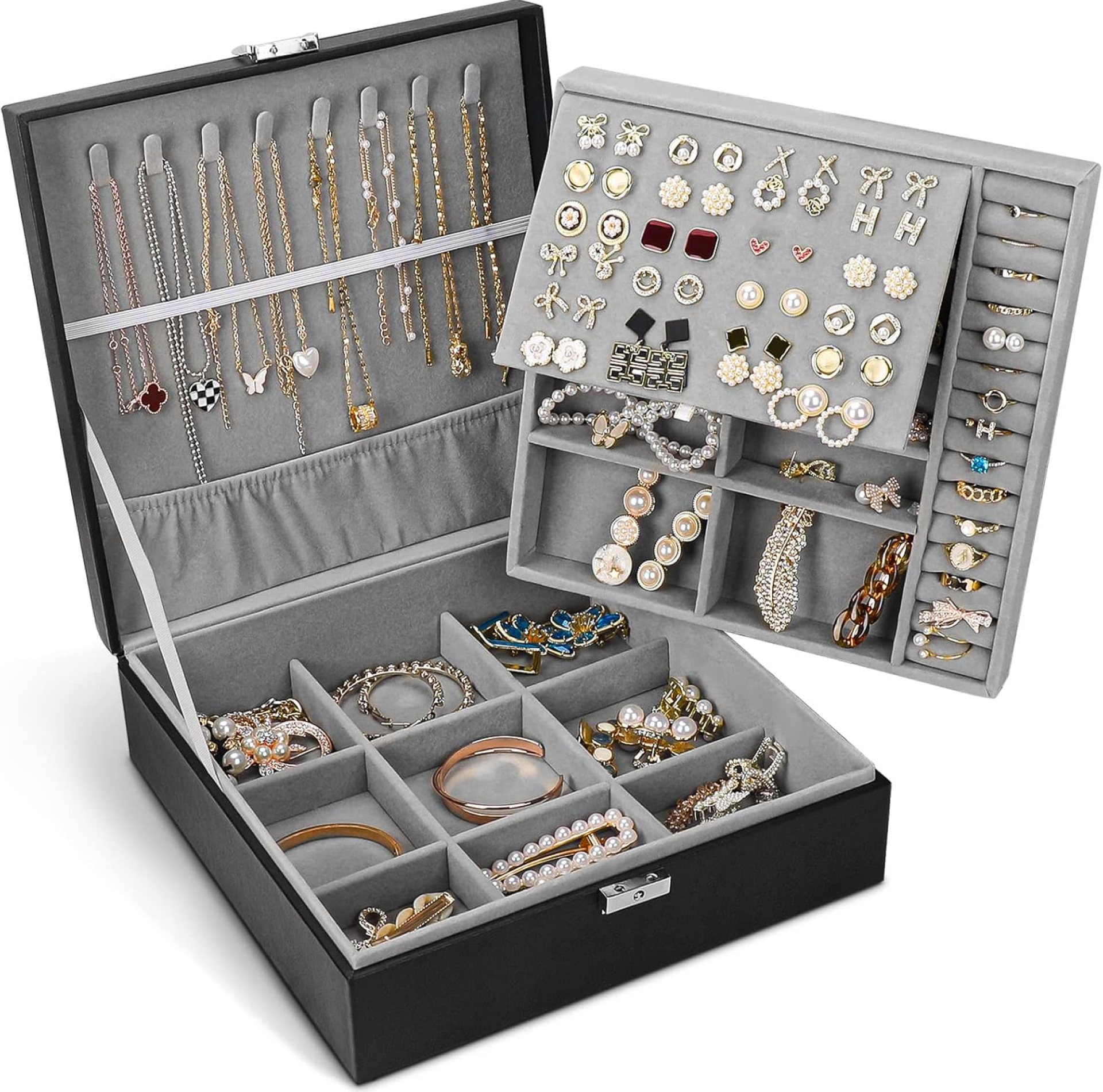 Jewelry Box, Jewelry Boxes for Women & Men with PU Leather, 2 Layer Large Jewelry Organizer Storage Case with Lock, for Necklace Bracelets Earrings Rings, Jewelry Organizer Box Ideal Gift, Black Jewelry Box, Jewelry Boxes for Women & Men with PU Leather, 2 Layer Large Jewelry Organizer Storage Case with Lock, for Necklace Bracelets Earrings Rings, Jewelry Organizer Box Ideal Gift, Black
