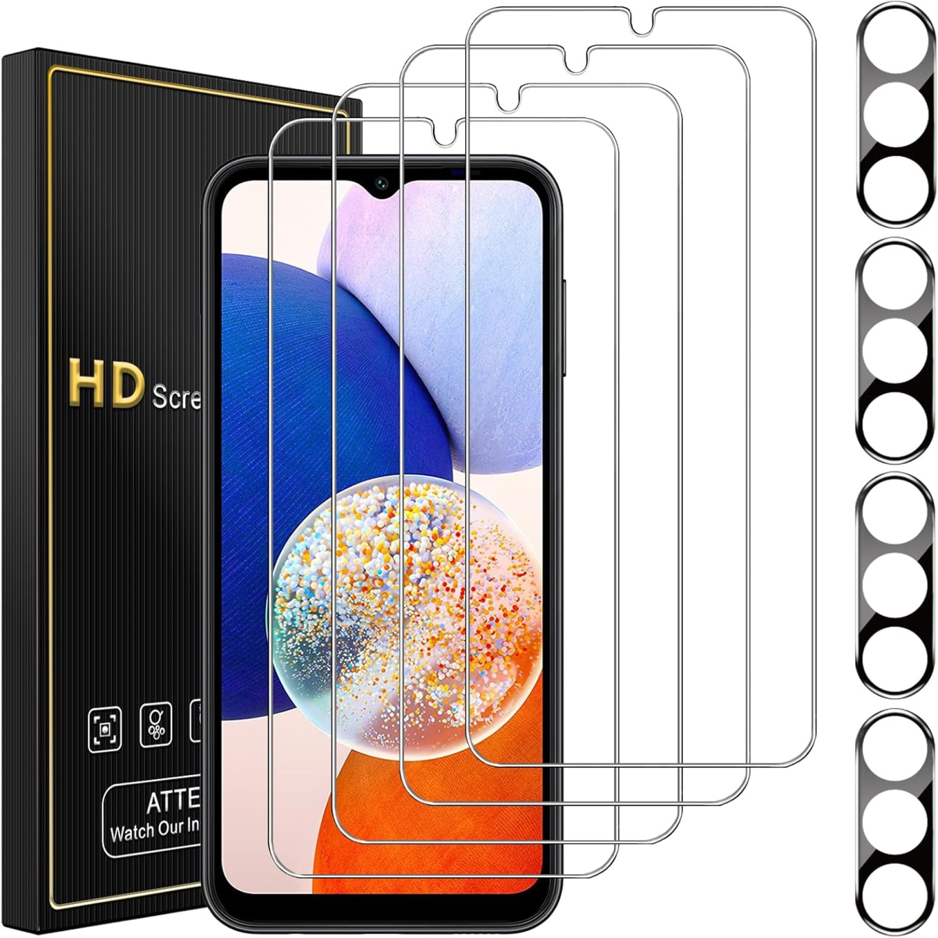 4 Pack Screen Protector for Samsung Galaxy A14 5G with 4 Pack Camera Lens Protector, Full Coverage Tempered Glass Film Anti-Fingerprint Case Friendly 4 Pack Screen Protector for Samsung Galaxy A14 5G with 4 Pack Camera Lens Protector, Full Coverage Tempered Glass Film Anti-Fingerprint Case Friendly