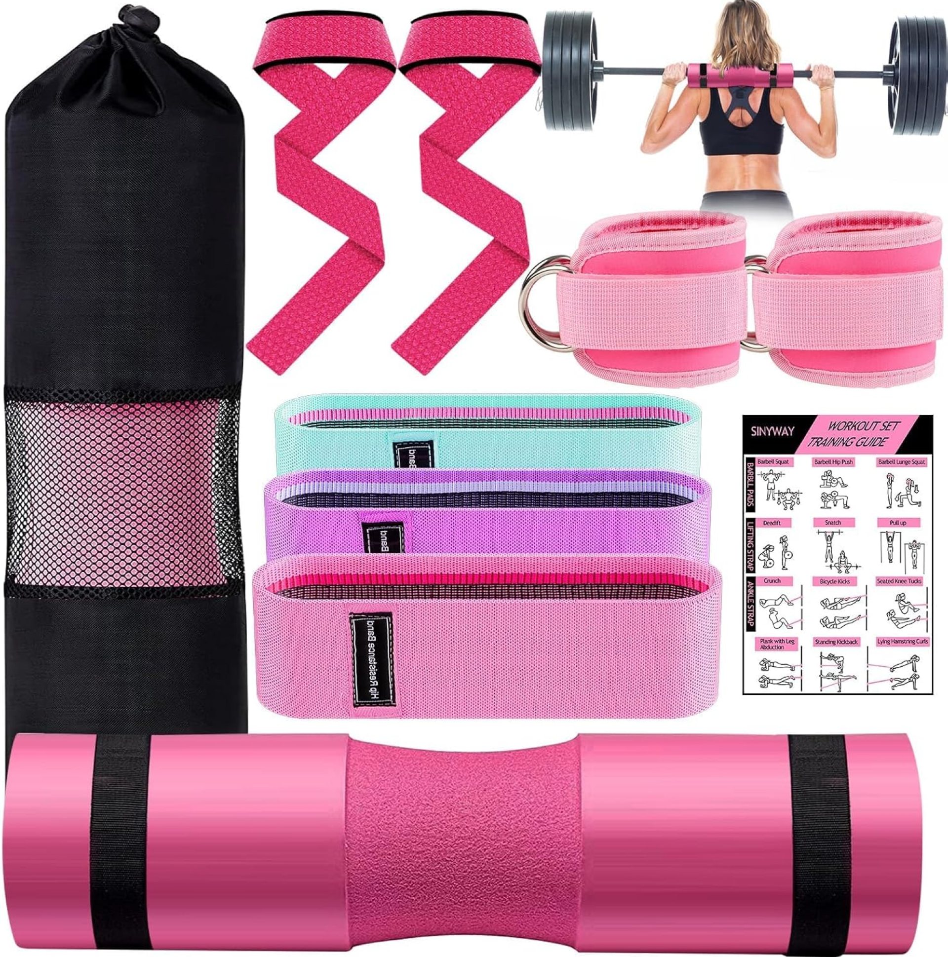 Barbell Pad Set for Squat,9 PCS Hip Thrusts Workout Foam Weight Lifting Bar Cushion with 2 Gym Ankle Straps,3 Hip Resistance Bands,2 Lifting Strap,Barbell Pad and Carry Bag Barbell Pad Set for Squat,9 PCS Hip Thrusts Workout Foam Weight Lifting Bar Cushion with 2 Gym Ankle Straps,3 Hip Resistance Bands,2 Lifting Strap,Barbell Pad and Carry Bag