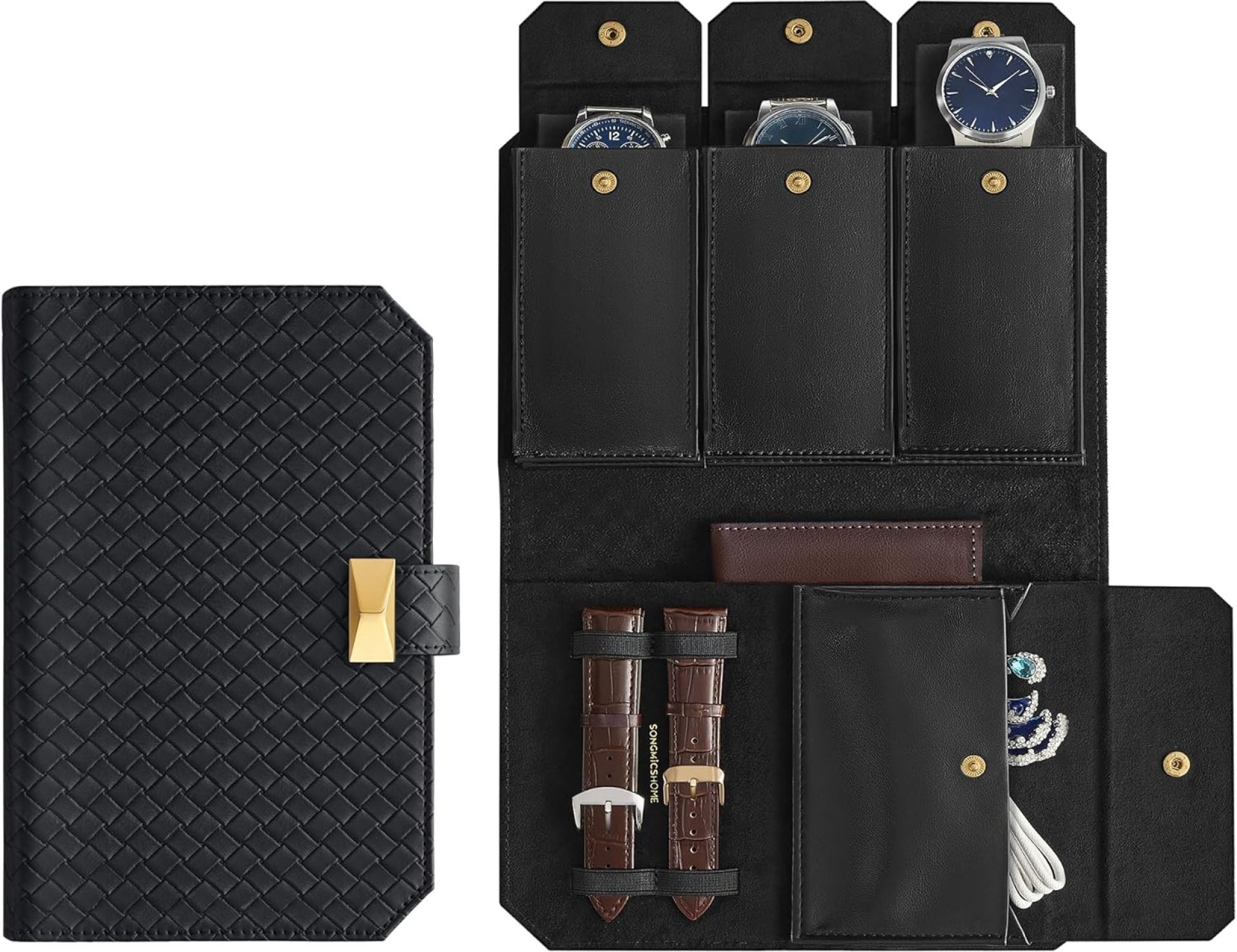 SONGMICS HOME RONNE Collection – 3 Watch Travel Case, PU Leather Woven Embossed Watch Pouch, Portable Watch Storage Organizer, 8.7 x 5.7 x 1.8 Inches, Gift Idea, Ink Black UJWB018B01 SONGMICS HOME RONNE Collection – 3 Watch Travel Case, PU Leather Woven Embossed Watch Pouch, Portable Watch Storage Organizer, 8.7 x 5.7 x 1.8 Inches, Gift Idea, Ink Black UJWB018B01