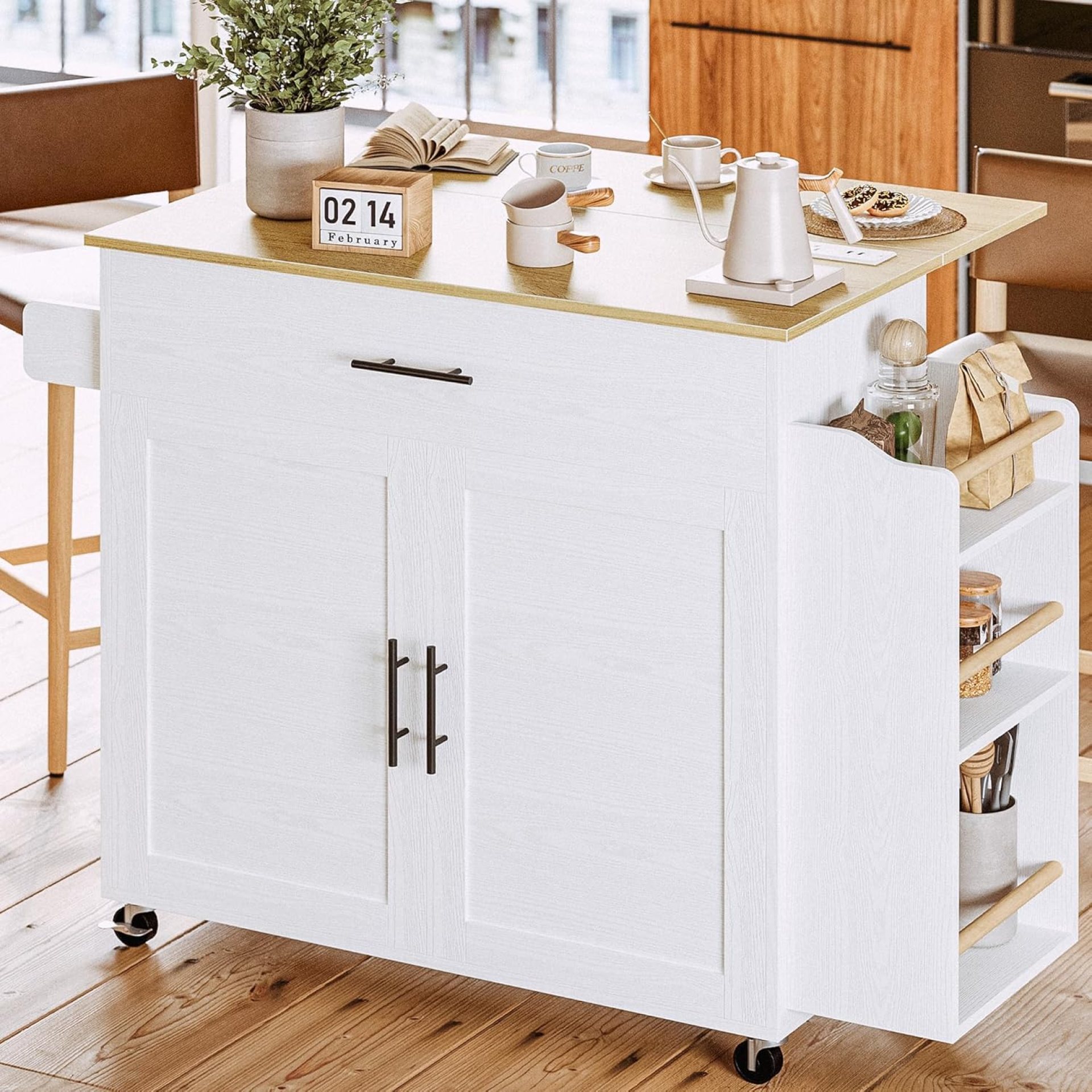 IRONCK Kitchen Island with Storage, Rolling Kitchen Island on Wheels with Drop Leaf, 3 Open Spice Rack Shelf, Door Cabinet, Drawer, Kitchen Cart Island Table for Kitchen, White IRONCK Kitchen Island with Storage, Rolling Kitchen Island on Wheels with Drop Leaf, 3 Open Spice Rack Shelf, Door Cabinet, Drawer, Kitchen Cart Island Table for Kitchen, White