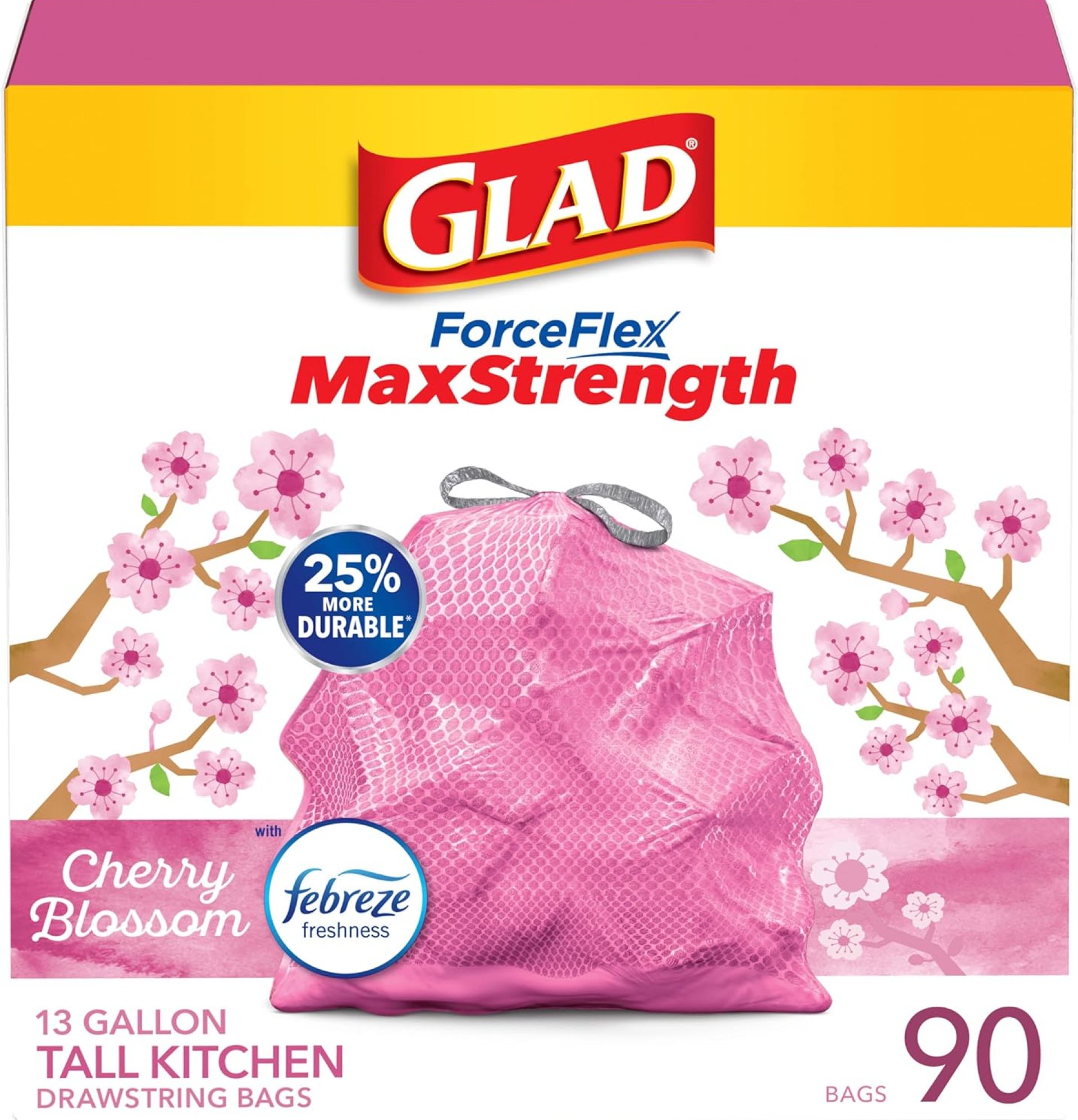 Glad ForceFlex MaxStrength Tall Kitchen Drawstring Trash Bags, 13 Gal, Cherry Blossom, 90 Ct (Package May Vary) Glad ForceFlex MaxStrength Tall Kitchen Drawstring Trash Bags, 13 Gal, Cherry Blossom, 90 Ct (Package May Vary)