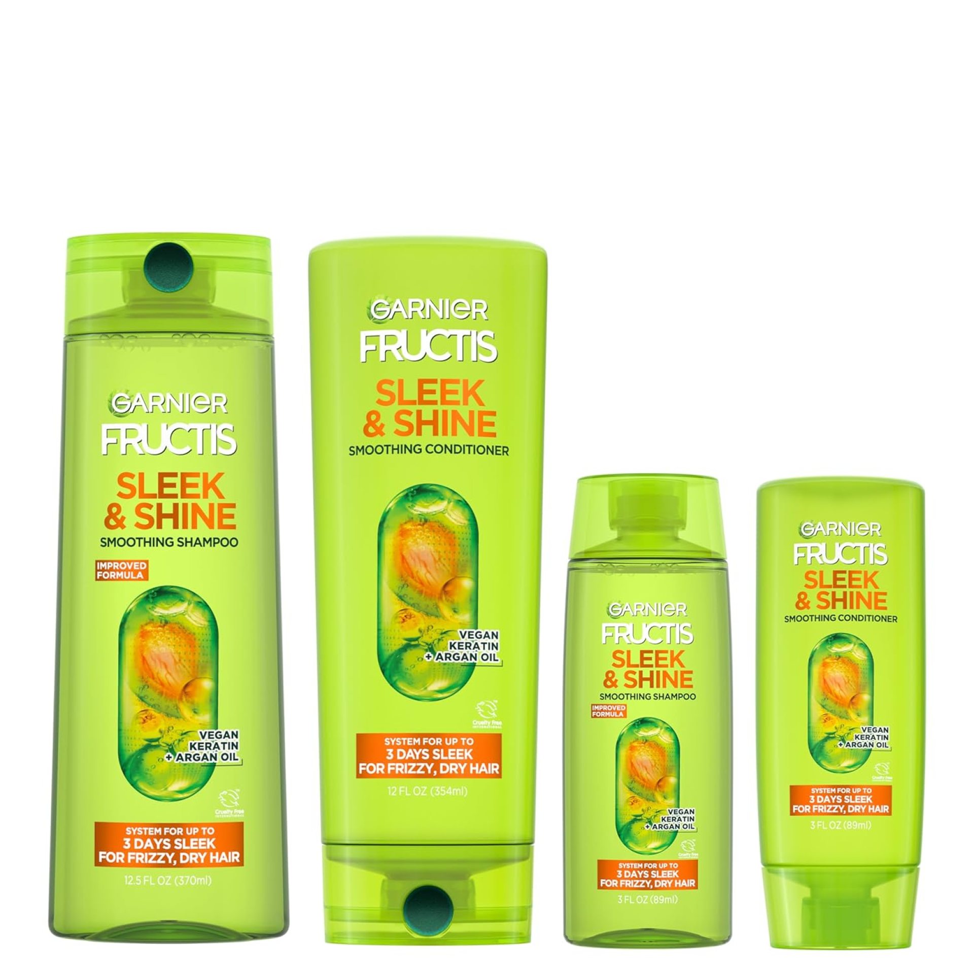 Garnier Fructis Sleek & Shine Full + Travel Size Shampoo (12.5 & 3 Fl Oz) + Conditioner (12 & 3 Fl Oz) Set for Frizzy, Dry Hair, Plant Keratin + Argan Oil (4 Items), 1 Kit (Packaging May Vary) Garnier Fructis Sleek & Shine Full + Travel Size Shampoo (12.5 & 3 Fl Oz) + Conditioner (12 & 3 Fl Oz) Set for Frizzy, Dry Hair, Plant Keratin + Argan Oil (4 Items), 1 Kit (Packaging May Vary)