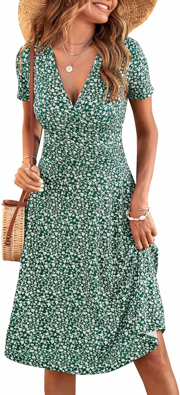 MSBASIC Womens Summer Wrap V Neck Casual Dresses Floral Short Sleeve A-Line Midi Sundress MSBASIC Womens Summer Wrap V Neck Casual Dresses Floral Short Sleeve A-Line Midi Sundress