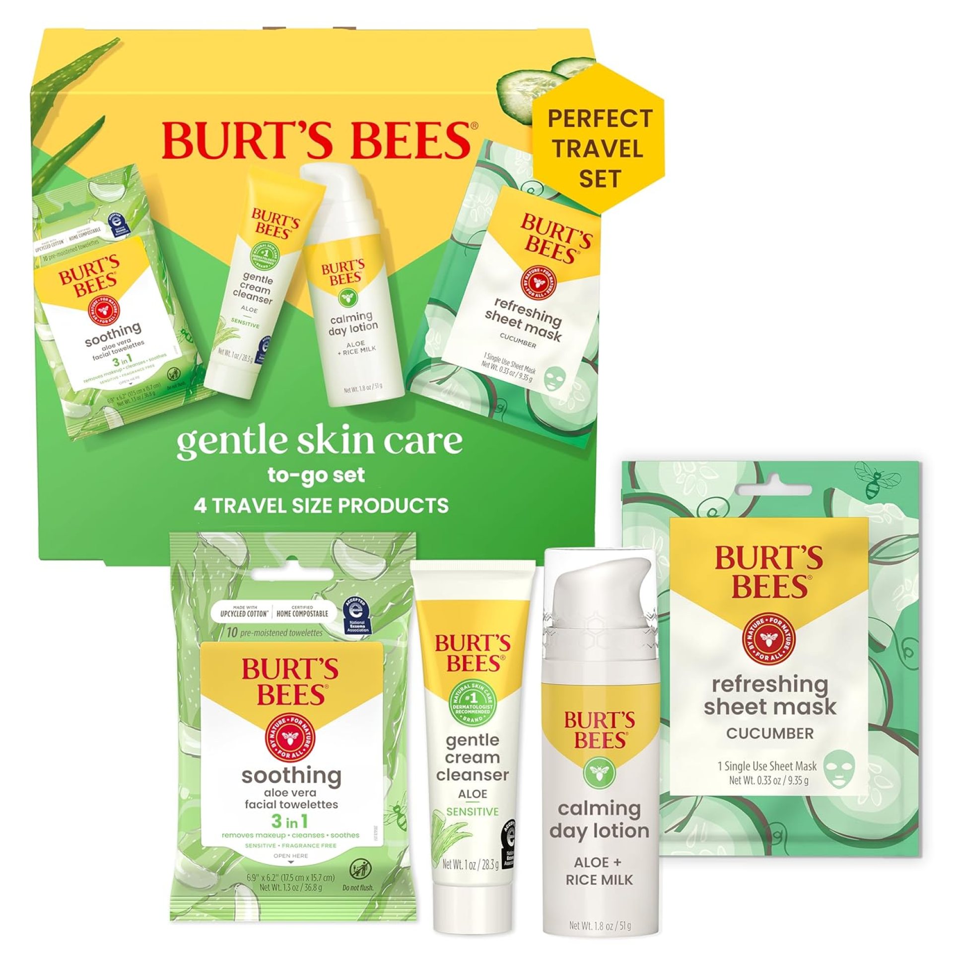Burt’s Bees Gentle Skin Care To-Go Set, Includes Cleanser, Towelettes, Lotion and Sheet Mask, Travel Size Facial Skin Care Products for Sensitive Skin, Natural Origin, 1 Gift Set Burt’s Bees Gentle Skin Care To-Go Set, Includes Cleanser, Towelettes, Lotion and Sheet Mask, Travel Size Facial Skin Care Products for Sensitive Skin, Natural Origin, 1 Gift Set