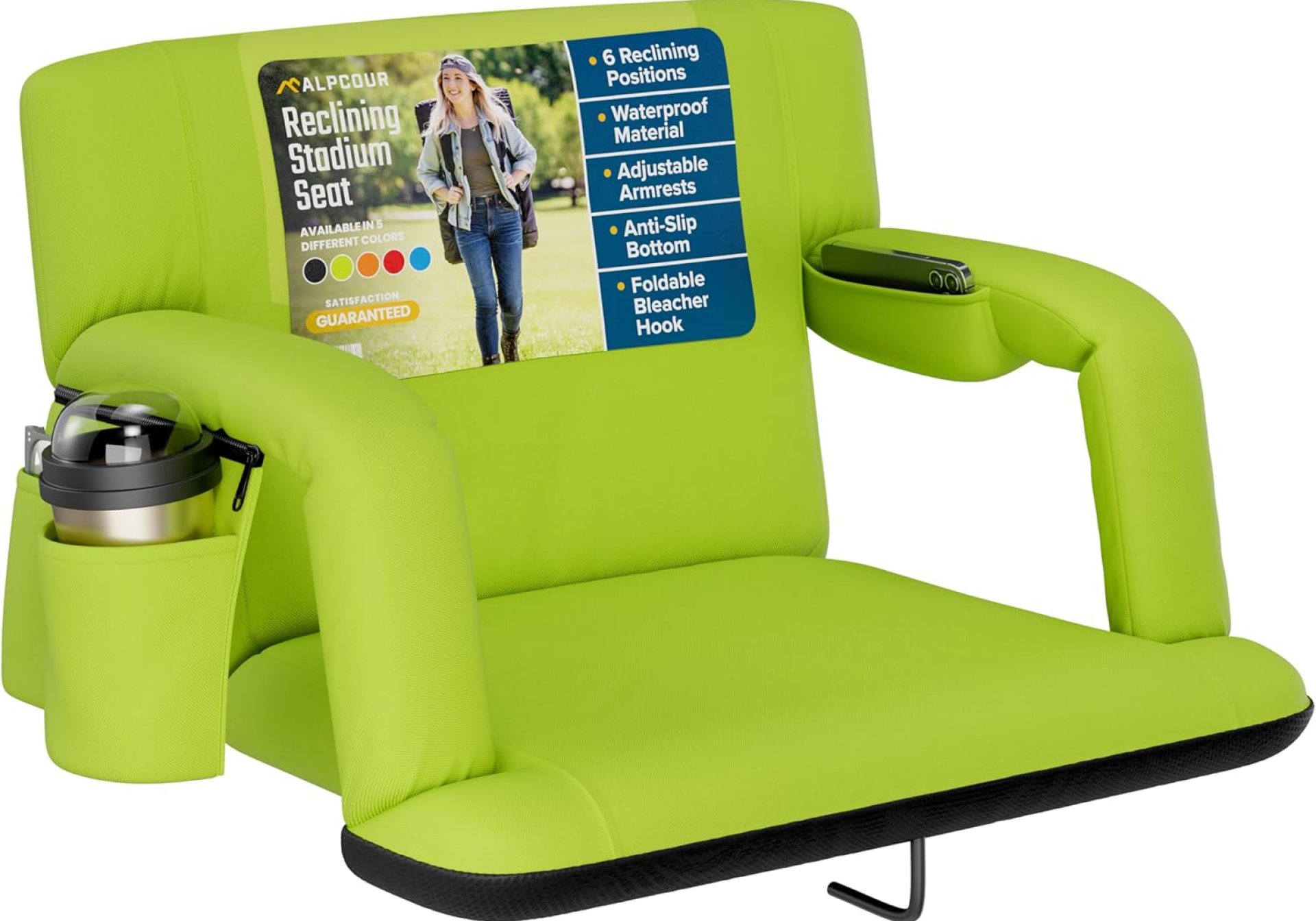 Alpcour Reclining Stadium Seat – Wide Bleacher Chair with Back Support and Cushion, Armrests, Side Pockets, and Bleachers Hook – Best Stadium Seats Chairs for Camping, Kayak, & Paddle Board Backs Alpcour Reclining Stadium Seat – Wide Bleacher Chair with Back Support and Cushion, Armrests, Side Pockets, and Bleachers Hook – Best Stadium Seats Chairs for Camping, Kayak, & Paddle Board Backs