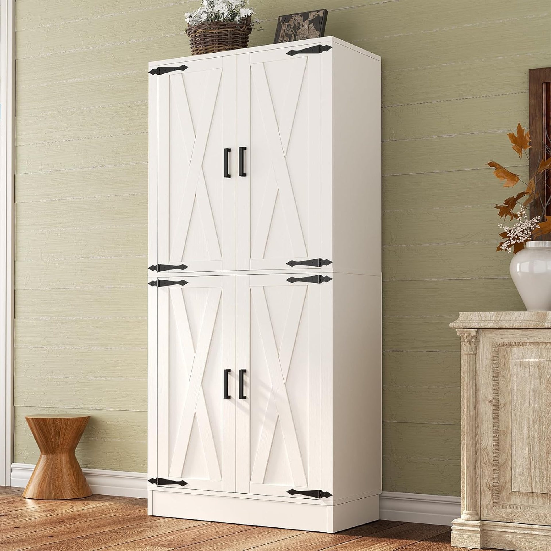 Unikito 71″ Kitchen Pantry Storage Cabinet with Farmhouse Barn Doors and Storage Drawer, 4 Adjustable Shelves, Freestanding Tall Cupboard for Dining Room Living Room, Utility Room, Laundry, White Unikito 71″ Kitchen Pantry Storage Cabinet with Farmhouse Barn Doors and Storage Drawer, 4 Adjustable Shelves, Freestanding Tall Cupboard for Dining Room Living Room, Utility Room, Laundry, White