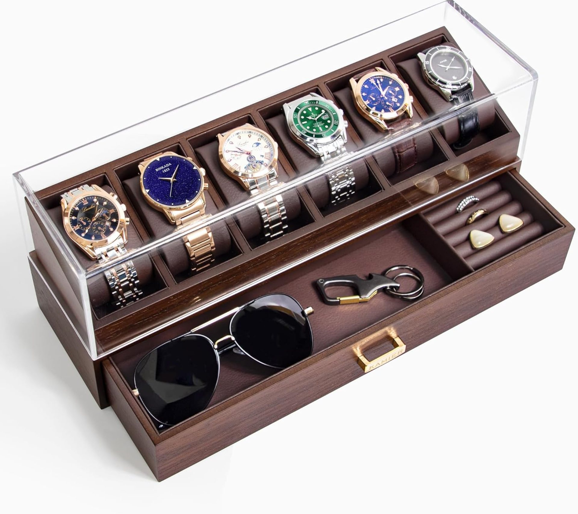 KAMIER High End Wooden Watch Box with 6 Slots & Glass Lid – 2-Layer Jewelry Organizer for Men – Watch Display Case, Ideal Business Gift for Watch Enthusiasts (with Gift Box), Walnut KAMIER High End Wooden Watch Box with 6 Slots & Glass Lid – 2-Layer Jewelry Organizer for Men – Watch Display Case, Ideal Business Gift for Watch Enthusiasts (with Gift Box), Walnut