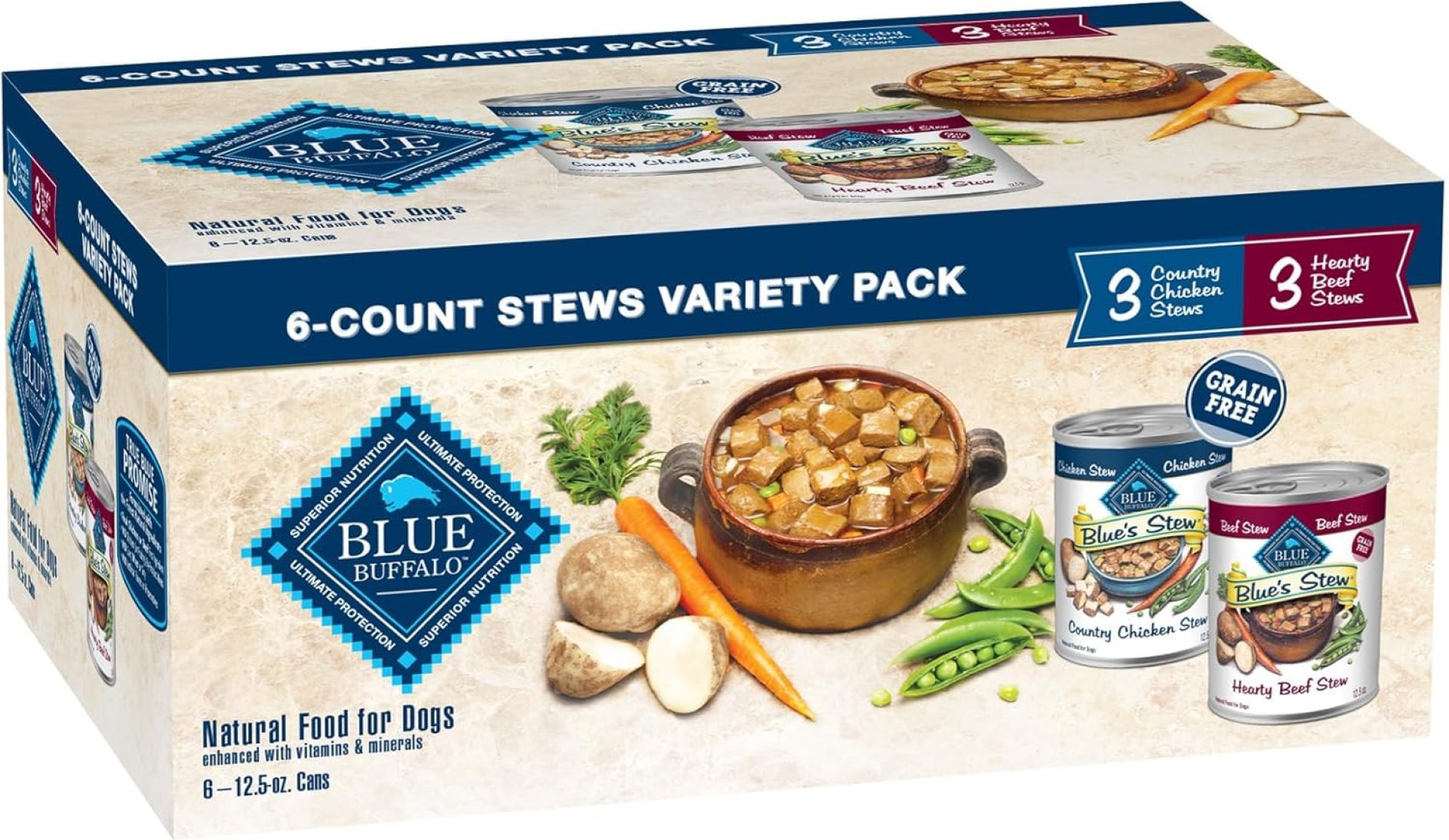 Blue Buffalo Blue’s Stew Natural Wet Dog Food, Made with Natural Ingredients, Hearty Beef and Country Chicken Variety Pack, 12.5-oz. Cans, 6 Count Blue Buffalo Blue’s Stew Natural Wet Dog Food, Made with Natural Ingredients, Hearty Beef and Country Chicken Variety Pack, 12.5-oz. Cans, 6 Count