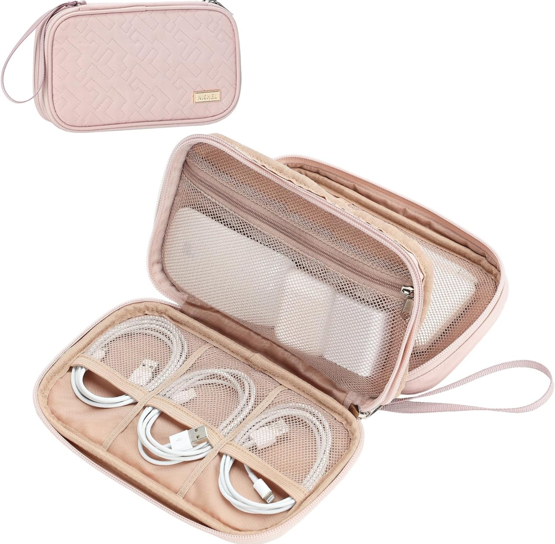 NISHEL Travel Cord Organizer Case, Double Layers Tech Electronic Bag, Essentials for Charger, Cable, Phone, Flash drive, Pink NISHEL Travel Cord Organizer Case, Double Layers Tech Electronic Bag, Essentials for Charger, Cable, Phone, Flash drive, Pink