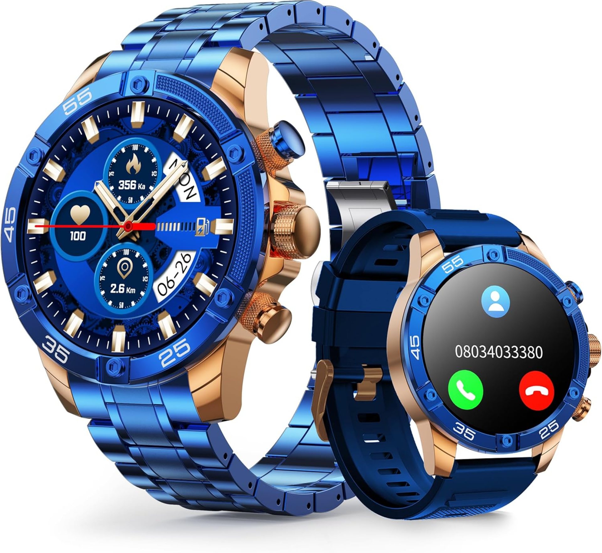 Smartwatch for Men 1.53-Inch Luxury Business Sports & Fitness Men’s Watch, IP67 Water Resistant, 440mAh Extended Standby, Multi-Sport Mode and Monitor, Supports IOS 8.0 and Android 4.4 (Steel Blue) Smartwatch for Men 1.53-Inch Luxury Business Sports & Fitness Men’s Watch, IP67 Water Resistant, 440mAh Extended Standby, Multi-Sport Mode and Monitor, Supports IOS 8.0 and Android 4.4 (Steel Blue)