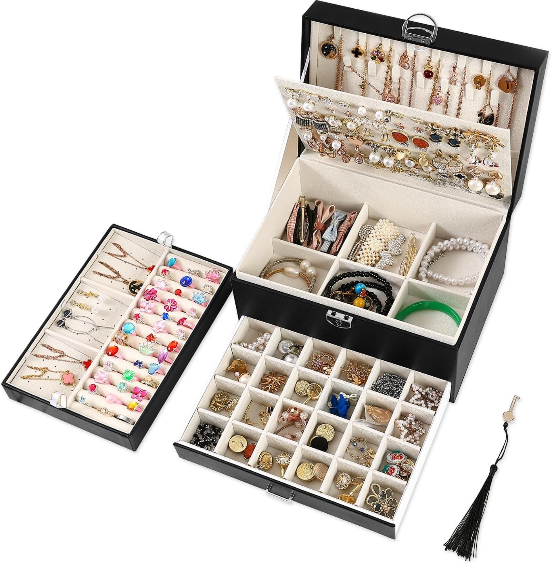 BOOVO Earring Jewelry Box For Women Girl Stud Organizer, 5 Layers Girl Jewelry Organizer Box With Lock Earring Holder Organizer Necklace Ring Jewelry Organizer Box For Girls (Black) BOOVO Earring Jewelry Box For Women Girl Stud Organizer, 5 Layers Girl Jewelry Organizer Box With Lock Earring Holder Organizer Necklace Ring Jewelry Organizer Box For Girls (Black)