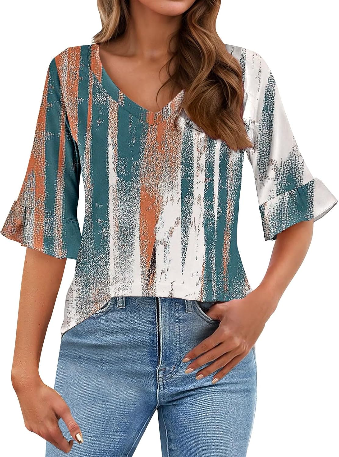 Funny Shirt,Women 2025 Trendy Boho Floral Print Tunic Shirts 3/4 Bell Sleeve V Neck Tshirt Spring Summer Blouse Funny Shirt,Women 2025 Trendy Boho Floral Print Tunic Shirts 3/4 Bell Sleeve V Neck Tshirt Spring Summer Blouse