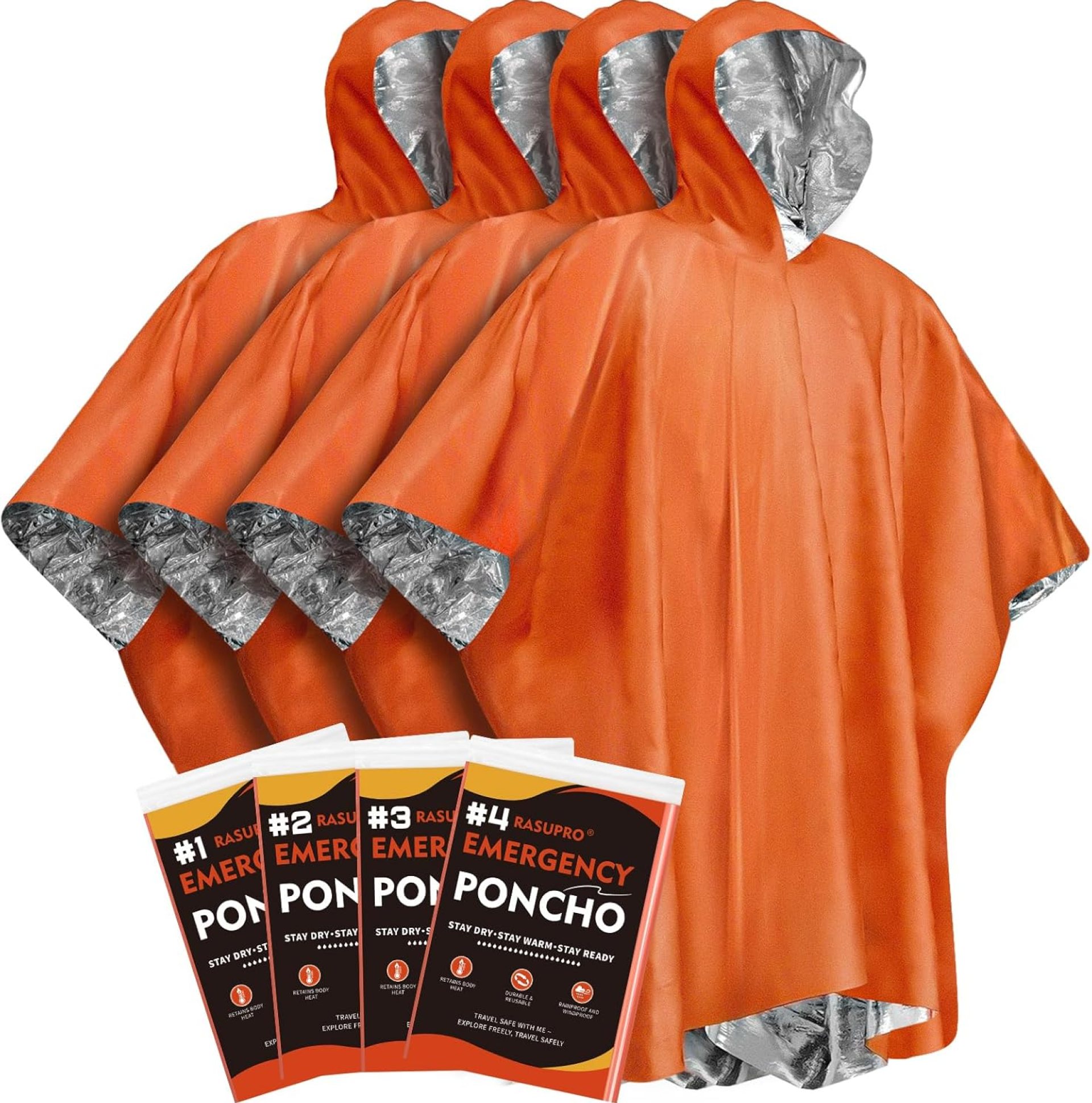 4 Pack Emergency Ponchos with Thickened Mylar Blanket Lining, Windproof, Waterproof, and Thermal Orange Survival Ponchos – Perfect for Outdoor Rescue, Family Camping Gear, Car Emergency Kits 4 Pack Emergency Ponchos with Thickened Mylar Blanket Lining, Windproof, Waterproof, and Thermal Orange Survival Ponchos – Perfect for Outdoor Rescue, Family Camping Gear, Car Emergency Kits