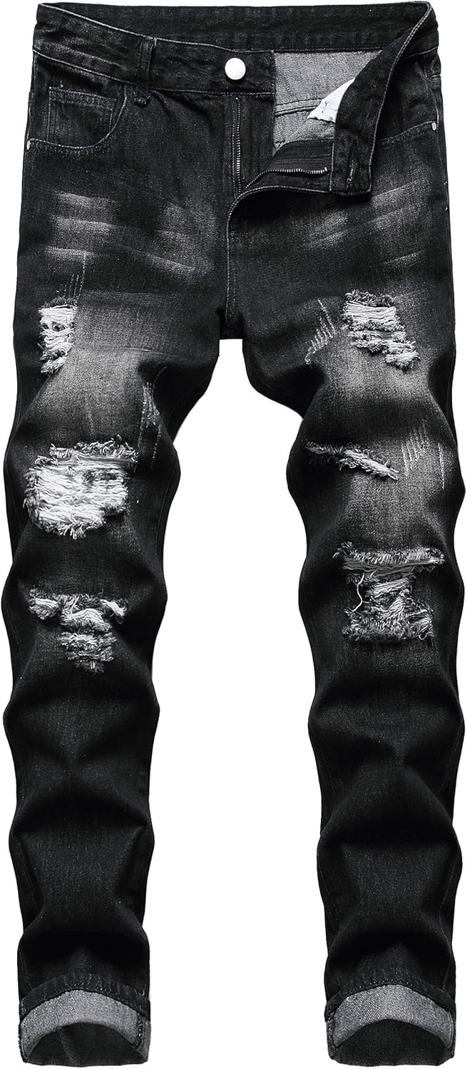 QIMYUM Mens Ripped Jeans, Distressed Destroyed Slim Fit Straight Leg Denim Pants QIMYUM Mens Ripped Jeans, Distressed Destroyed Slim Fit Straight Leg Denim Pants