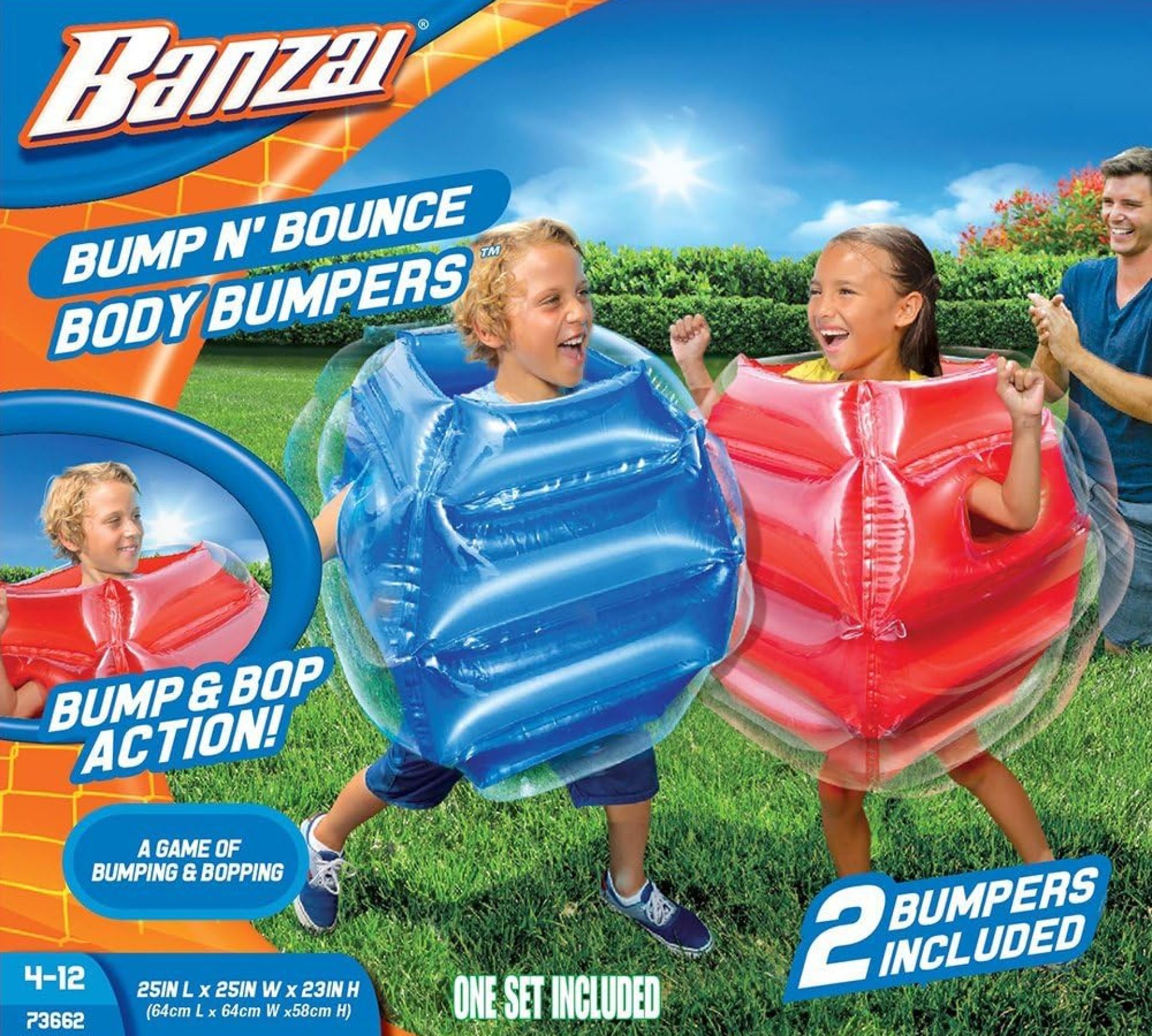 BANZAI: Bump N’ Bounce Body Bumpers, A Game of Bumping & Bopping, 2 Bumpers Included in Red & Blue, Fun & Safe Cushion Inflatable Surface, For Ages 4 and up BANZAI: Bump N’ Bounce Body Bumpers, A Game of Bumping & Bopping, 2 Bumpers Included in Red & Blue, Fun & Safe Cushion Inflatable Surface, For Ages 4 and up