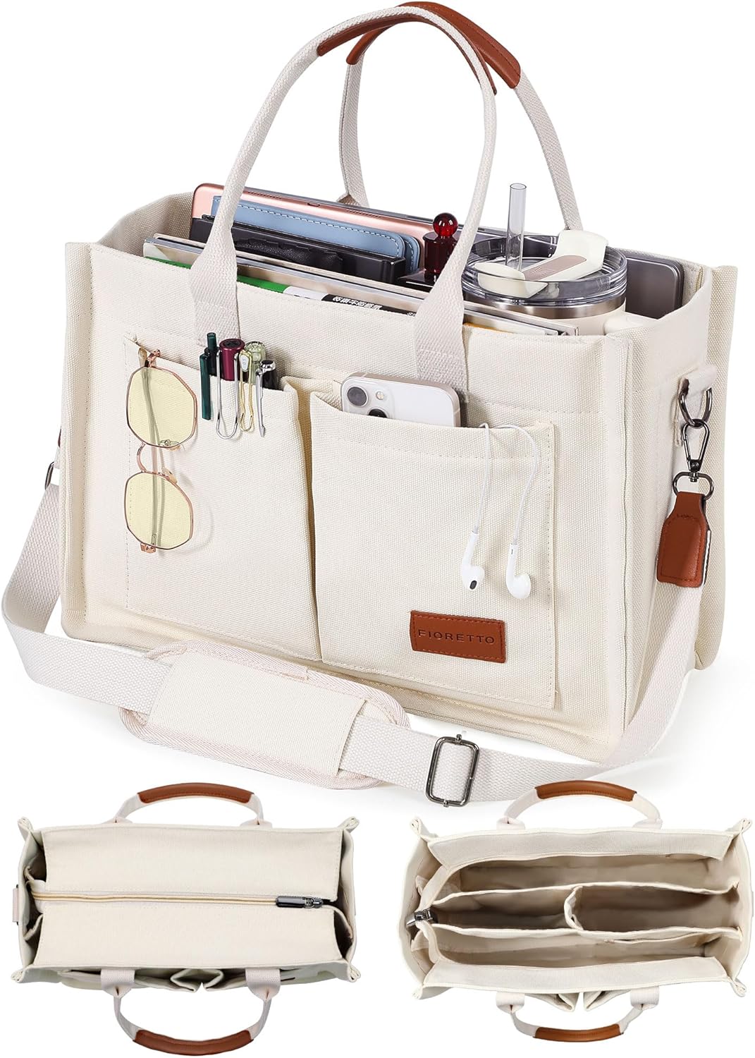 FIORETTO Canvas Tote Bag for Women with Zipper Closure, Individual Compartments, Detachable Strap & Bottom Support FIORETTO Canvas Tote Bag for Women with Zipper Closure, Individual Compartments, Detachable Strap & Bottom Support