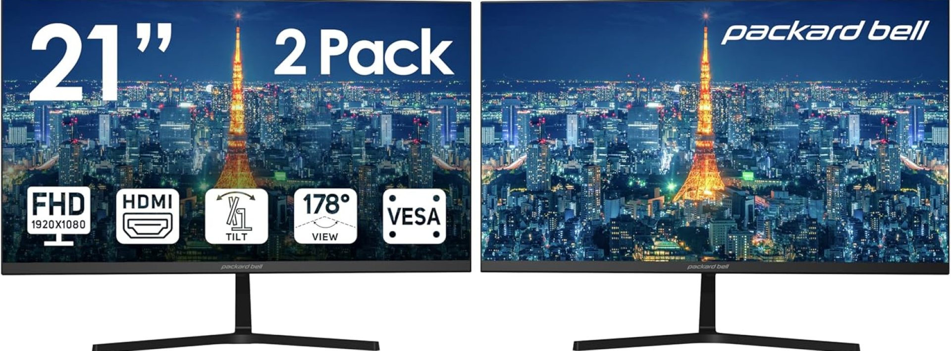 Packard Bell airFrame 21″ FHD Monitor, 1920×1080, Ultrawide, VESA Mount, Tilt Adjust, HDMI/VGA, Slim Bezel, for Home, Office, and Light Gaming – 2 Pack Packard Bell airFrame 21″ FHD Monitor, 1920×1080, Ultrawide, VESA Mount, Tilt Adjust, HDMI/VGA, Slim Bezel, for Home, Office, and Light Gaming – 2 Pack