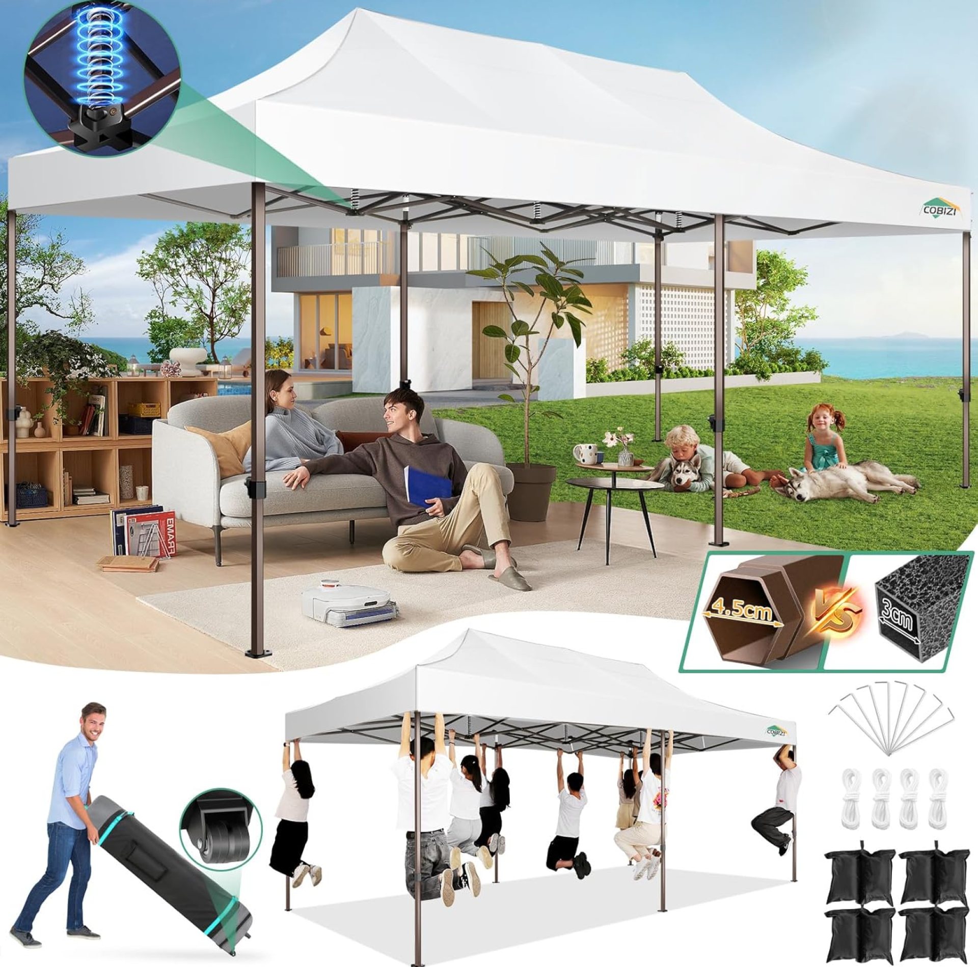 COBIZI 10×20 Pop up Heavy Duty Canopy Tent, Commercial Outdoor Gazebo with 600D Roller Bag, Easy Setup Event Party Tent for Beach & Wedding, Waterproof UPF50+, 4.0 Hexagonal Thickened Frame(White) COBIZI 10×20 Pop up Heavy Duty Canopy Tent, Commercial Outdoor Gazebo with 600D Roller Bag, Easy Setup Event Party Tent for Beach & Wedding, Waterproof UPF50+, 4.0 Hexagonal Thickened Frame(White)
