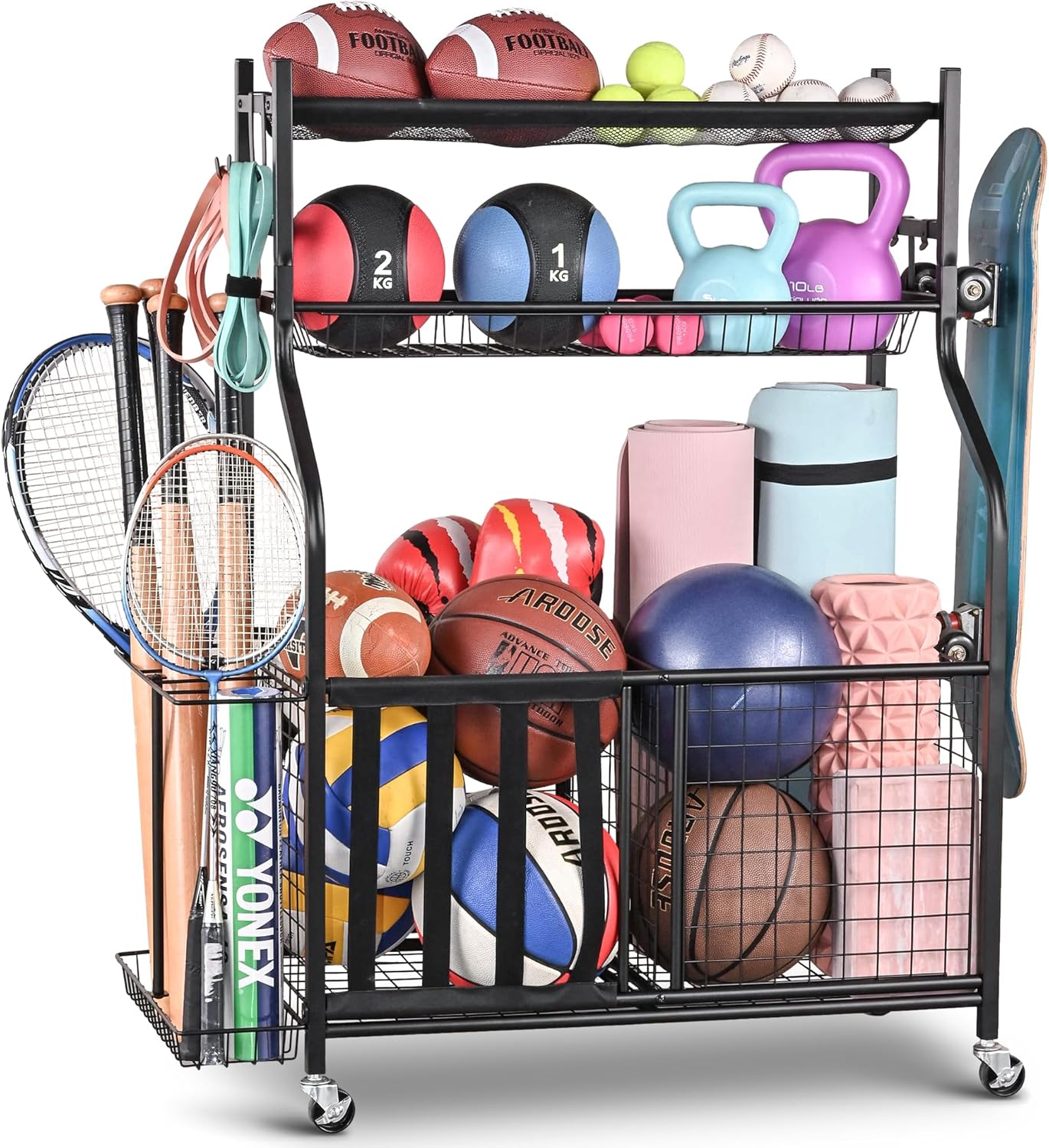 PLKOW Sports Equipment Organizer – Garage Storage Rack with Basket and Hooks, Ball Storage, Toy and Gear Organizer, Black PLKOW Sports Equipment Organizer – Garage Storage Rack with Basket and Hooks, Ball Storage, Toy and Gear Organizer, Black