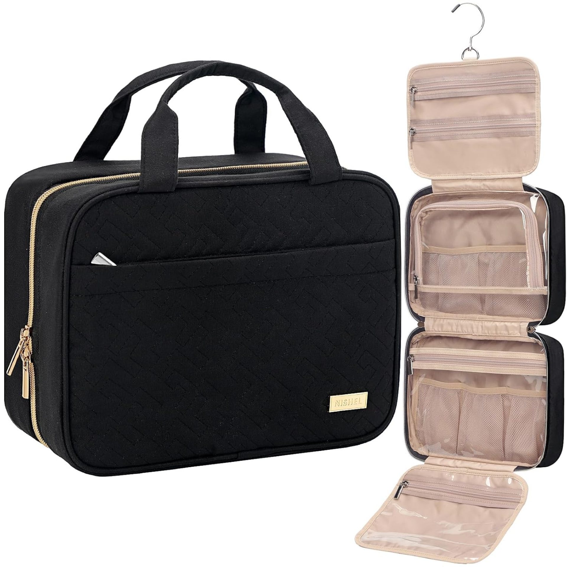 NISHEL Travel Toiletry Bag for women, Portable Hanging Organizer for Travel-Sized Shampoo, Conditioner, Brushes Set, makeup Accessories, Medium Size, Black NISHEL Travel Toiletry Bag for women, Portable Hanging Organizer for Travel-Sized Shampoo, Conditioner, Brushes Set, makeup Accessories, Medium Size, Black