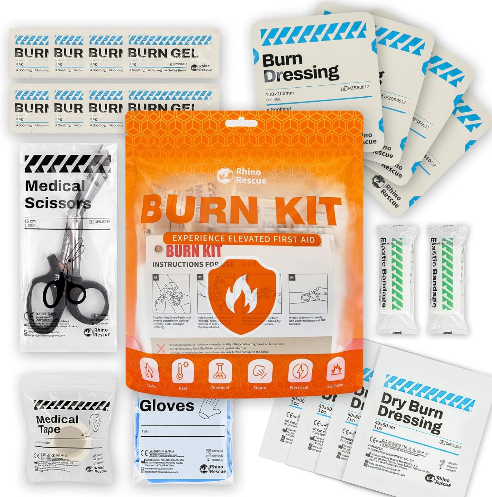 RHINO RESCUE Burn Kit, 4pcs Burn Dressings 4×4”, 8pcs Burn Gel Packets 3.5g, 4pcs Burn Pads, First Aid Kit Cooling Soothing Cream Relief with Bandage, Nitrile Gloves, Scissors, Tape, HSA/FSA Eligible RHINO RESCUE Burn Kit, 4pcs Burn Dressings 4×4”, 8pcs Burn Gel Packets 3.5g, 4pcs Burn Pads, First Aid Kit Cooling Soothing Cream Relief with Bandage, Nitrile Gloves, Scissors, Tape, HSA/FSA Eligible