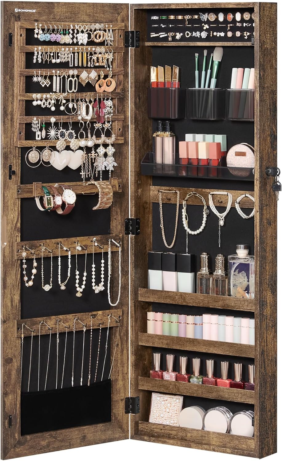 SONGMICS Jewelry Cabinet Armoire, Lockable Wall-Mounted Storage Organizer Unit with 2 Plastic Cosmetic Trays, Full-Length Frameless Mirror, Textured Brown UJJC001X01 SONGMICS Jewelry Cabinet Armoire, Lockable Wall-Mounted Storage Organizer Unit with 2 Plastic Cosmetic Trays, Full-Length Frameless Mirror, Textured Brown UJJC001X01