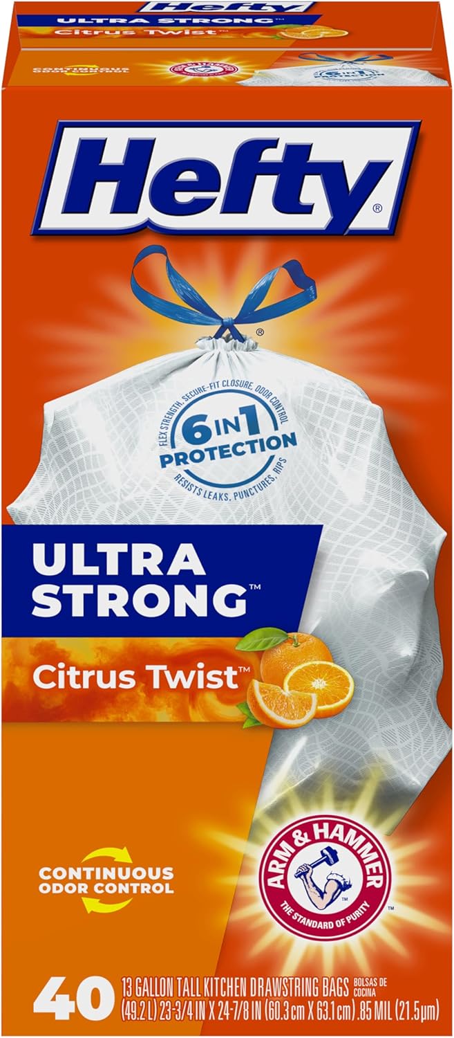 Hefty Ultra Strong 13 Gallon Trash Bags, Tall Kitchen Trash Bags 13 Gallon Size, Drawstring Closure, Continuous Odor Control, White, Citrus Twist Scent, 40 Bags Hefty Ultra Strong 13 Gallon Trash Bags, Tall Kitchen Trash Bags 13 Gallon Size, Drawstring Closure, Continuous Odor Control, White, Citrus Twist Scent, 40 Bags