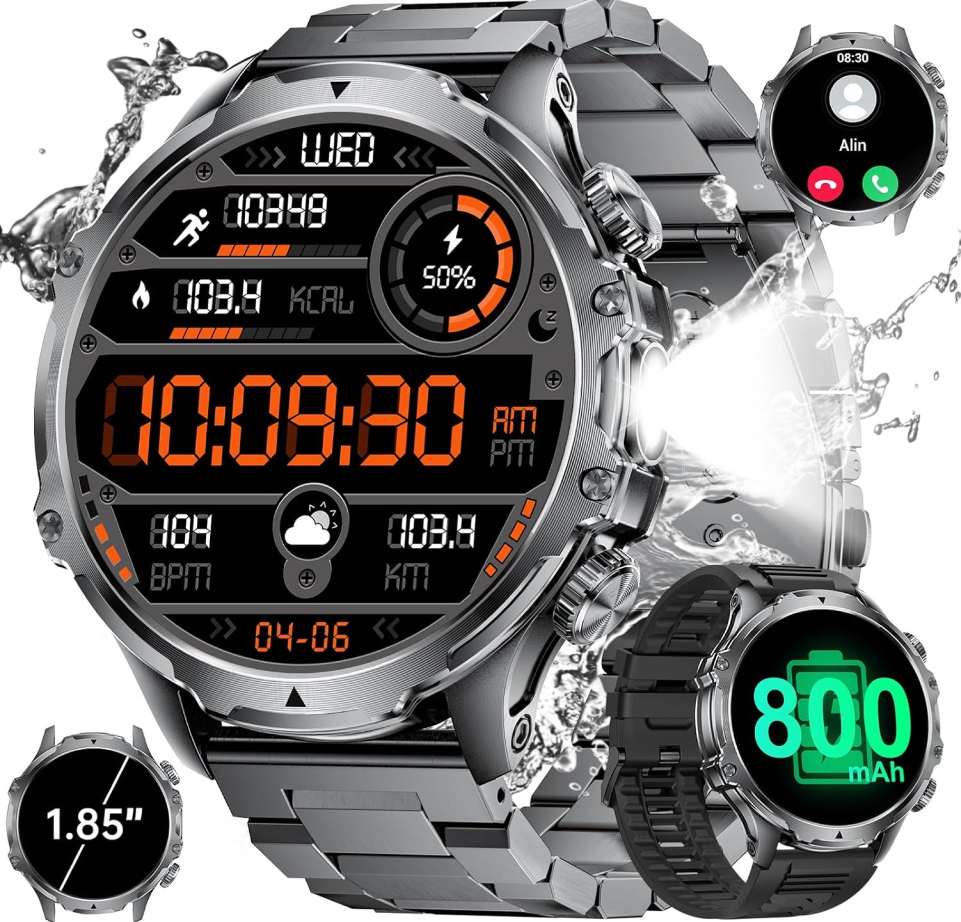 Smart Watches for Men(Answer/Make Calls) with LED Flashlight, 1.85″HD Screen Outdoor Sports Smartwatch ,800mAh Battery,Heart Rate/SpO2/Sleep Monitor 5ATM Waterproof Fitness Tracker for Android iOS Smart Watches for Men(Answer/Make Calls) with LED Flashlight, 1.85″HD Screen Outdoor Sports Smartwatch ,800mAh Battery,Heart Rate/SpO2/Sleep Monitor 5ATM Waterproof Fitness Tracker for Android iOS
