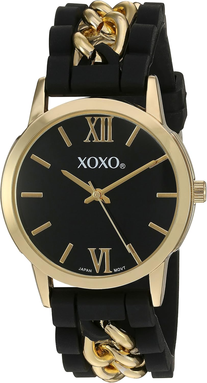 XOXO Women’s Gold-Tone Quartz Watch with Black Silicone Strap, Elegant Gold Chain Links, Roman Numeral Dial, Analog Display, Stylish Fashion Accessory, Fits Wrists 5.5″ to 8″ XOXO Women’s Gold-Tone Quartz Watch with Black Silicone Strap, Elegant Gold Chain Links, Roman Numeral Dial, Analog Display, Stylish Fashion Accessory, Fits Wrists 5.5″ to 8″