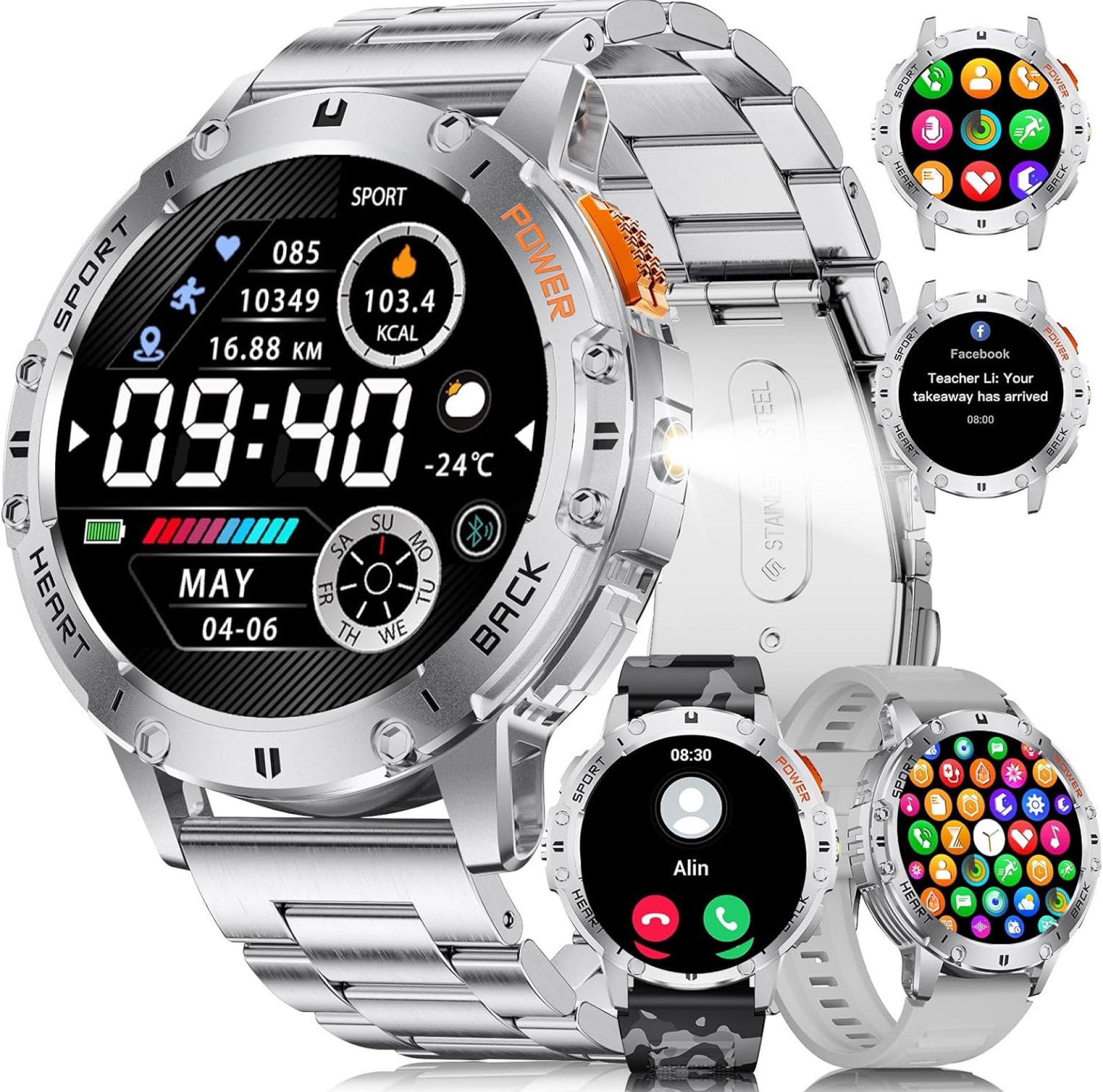Military Smart Watches for Men(Answer/Make Calls) with LED Flashlight,530mAh Large Battery,1.43’’ AMOLED 5ATM Waterproof Smartwatch for Android iOS,100+Sport Modes,Sliver Military Smart Watches for Men(Answer/Make Calls) with LED Flashlight,530mAh Large Battery,1.43’’ AMOLED 5ATM Waterproof Smartwatch for Android iOS,100+Sport Modes,Sliver