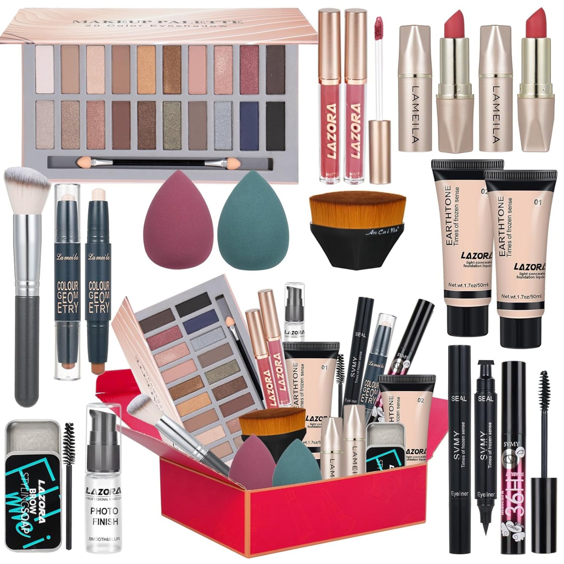 All in One Makeup Kit for Women Full Kit Includes Palette Foundation & Face Primer, Makeup Brush Sponge, Eyebrow Soap, Winged Eyeliner Stamp 20 Colors Eyeshadow Gift Set for Women, Girls & Teen All in One Makeup Kit for Women Full Kit Includes Palette Foundation & Face Primer, Makeup Brush Sponge, Eyebrow Soap, Winged Eyeliner Stamp 20 Colors Eyeshadow Gift Set for Women, Girls & Teen