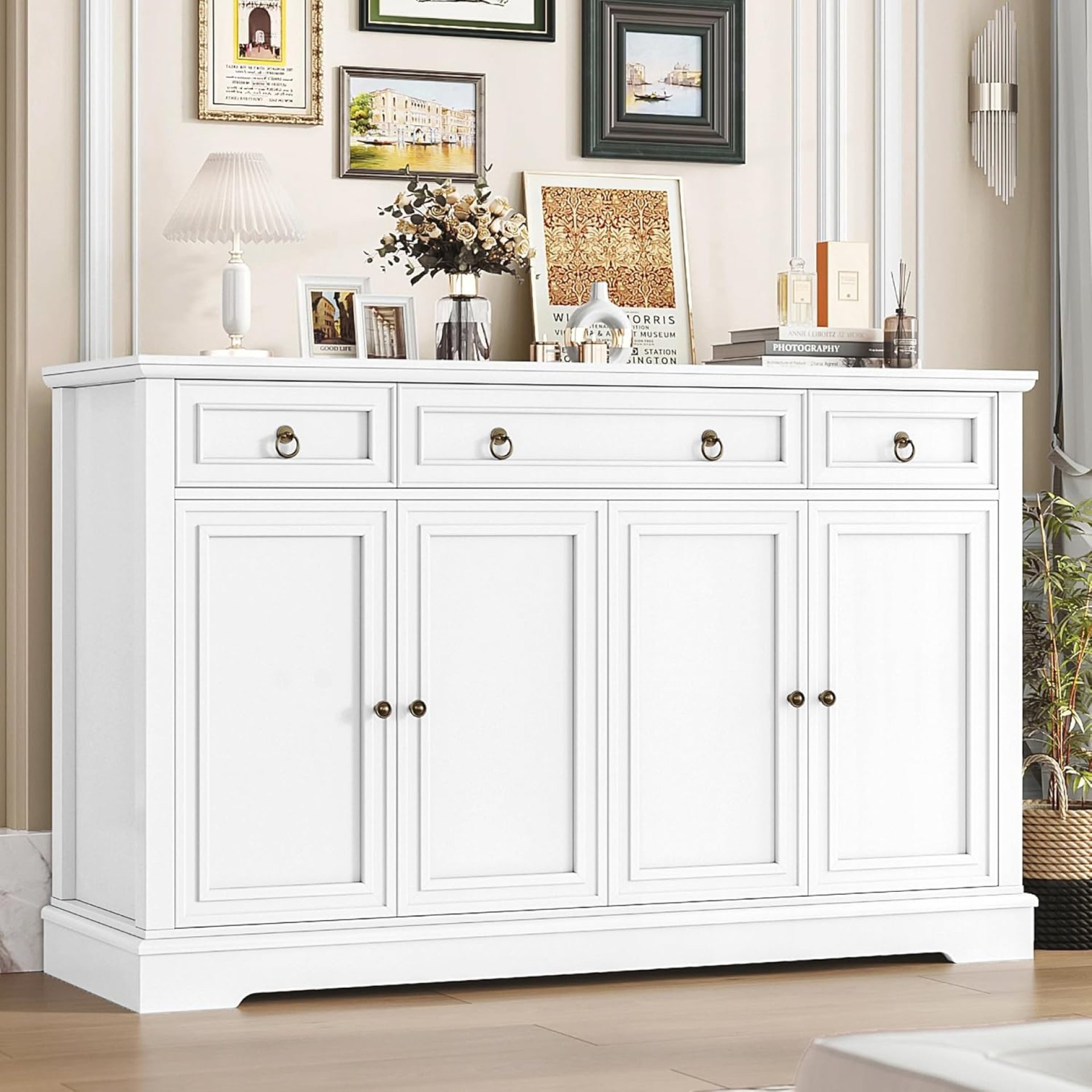 FINETONES Buffet Cabinet with Storage, 52.7″ Large Sideboard Buffet Cabinet, White Kitchen Cabinet with 3 Drawers and 4 Doors, Wood Coffee Bar for Kitchen Dining Room, White FINETONES Buffet Cabinet with Storage, 52.7″ Large Sideboard Buffet Cabinet, White Kitchen Cabinet with 3 Drawers and 4 Doors, Wood Coffee Bar for Kitchen Dining Room, White