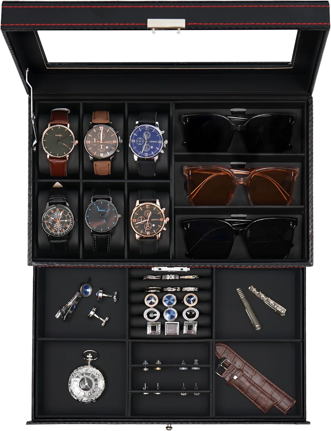 Jenseits Watch & Sunglasses Organizer, 6 Slot Case with Glass Lid, Lockable Jewelry Holder Box PU Leather Watch Stand Storage with Drawer, Gift for Men Women Jenseits Watch & Sunglasses Organizer, 6 Slot Case with Glass Lid, Lockable Jewelry Holder Box PU Leather Watch Stand Storage with Drawer, Gift for Men Women