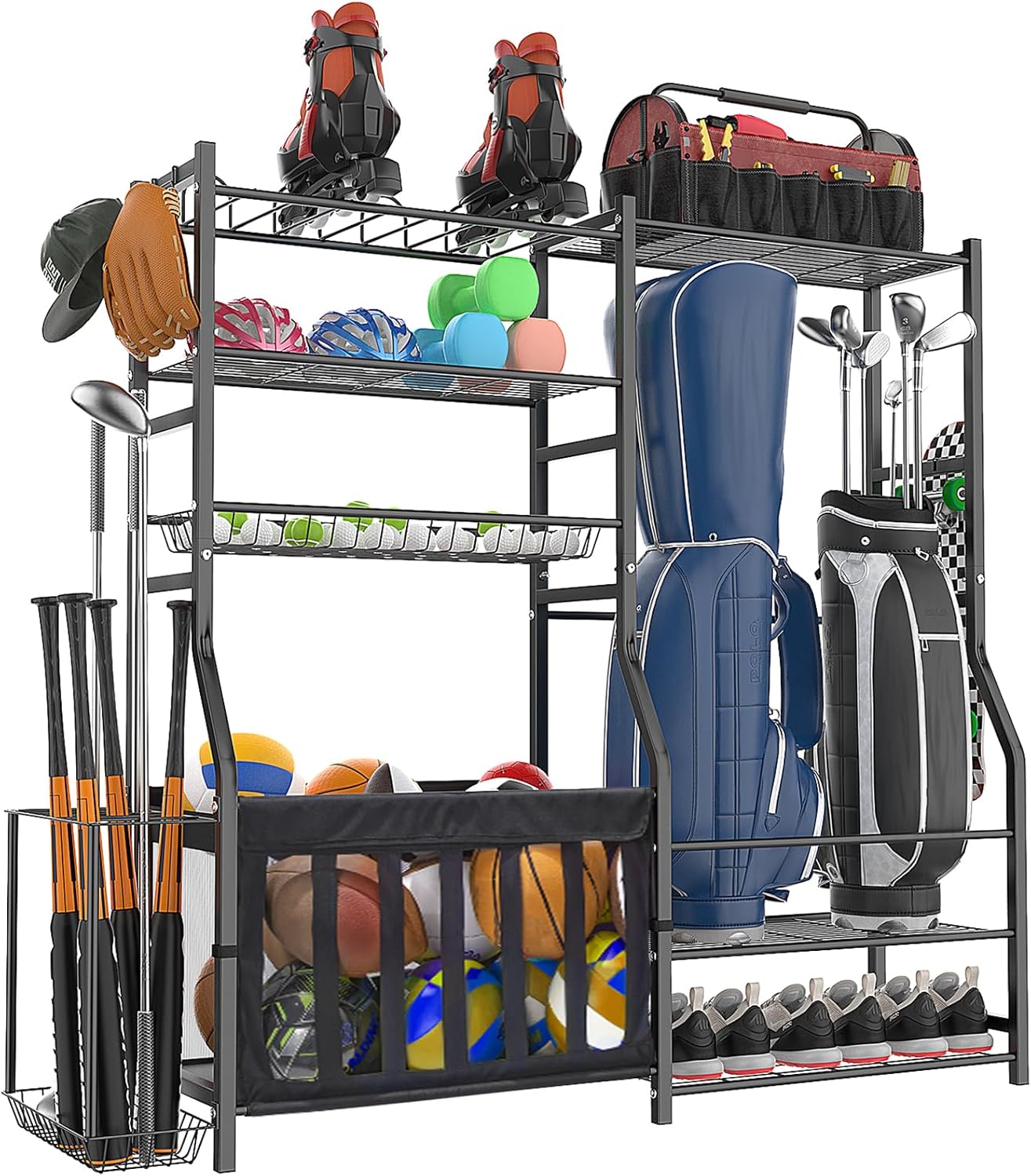Garage Sports Equipment Organizer – Multi Use Golf & Basketball Rack, Strong Load Bearing Ball Storage Garage Sports Equipment Organizer – Multi Use Golf & Basketball Rack, Strong Load Bearing Ball Storage
