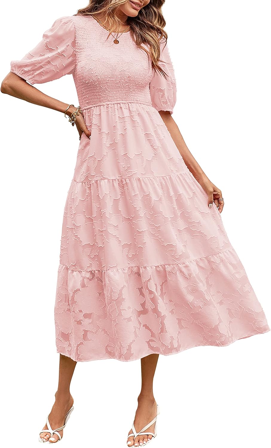 MEROKEETY Women’s 2025 Summer Puff Sleeve Smocked Floral Dress Crewneck Lace Flowy Tiered Midi Dresses MEROKEETY Women’s 2025 Summer Puff Sleeve Smocked Floral Dress Crewneck Lace Flowy Tiered Midi Dresses