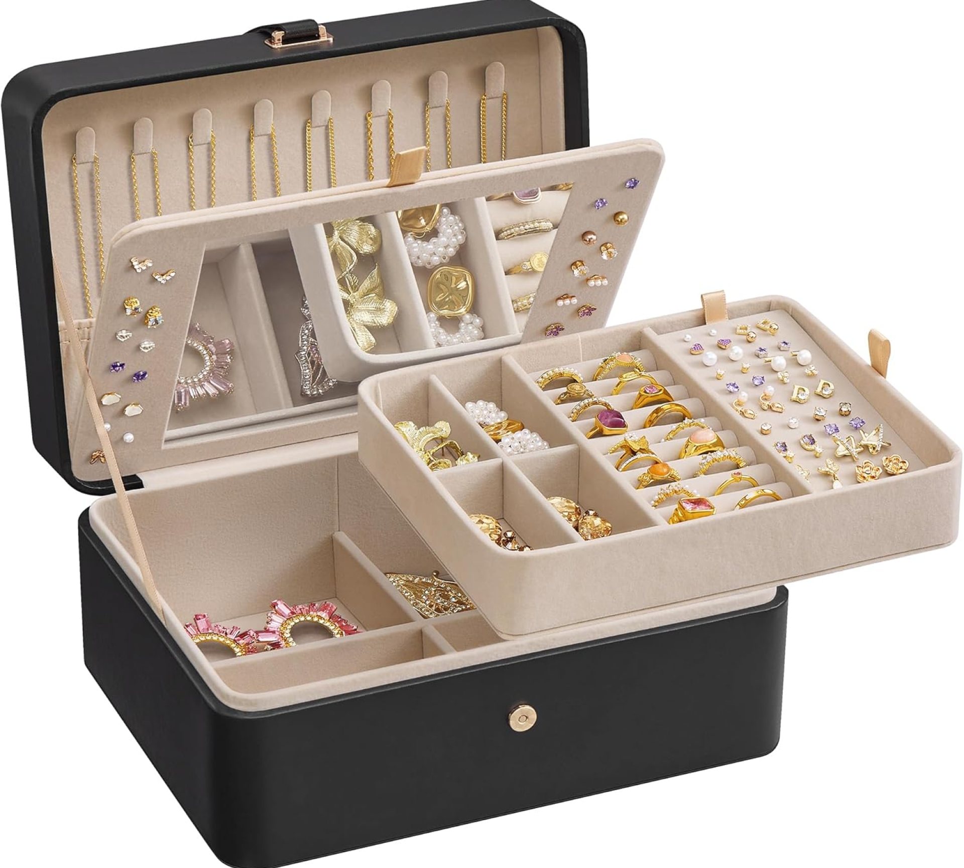 SONGMICS Jewelry Box with Mirror, 2-Layer Jewelry Holder Organizer, Travel Jewelry Case, Removable Jewelry Tray, 6.9 x 8.7 x 4.3 Inches, Earring Necklace Storage, Gift Idea, Ink Black UJBC200B01 SONGMICS Jewelry Box with Mirror, 2-Layer Jewelry Holder Organizer, Travel Jewelry Case, Removable Jewelry Tray, 6.9 x 8.7 x 4.3 Inches, Earring Necklace Storage, Gift Idea, Ink Black UJBC200B01