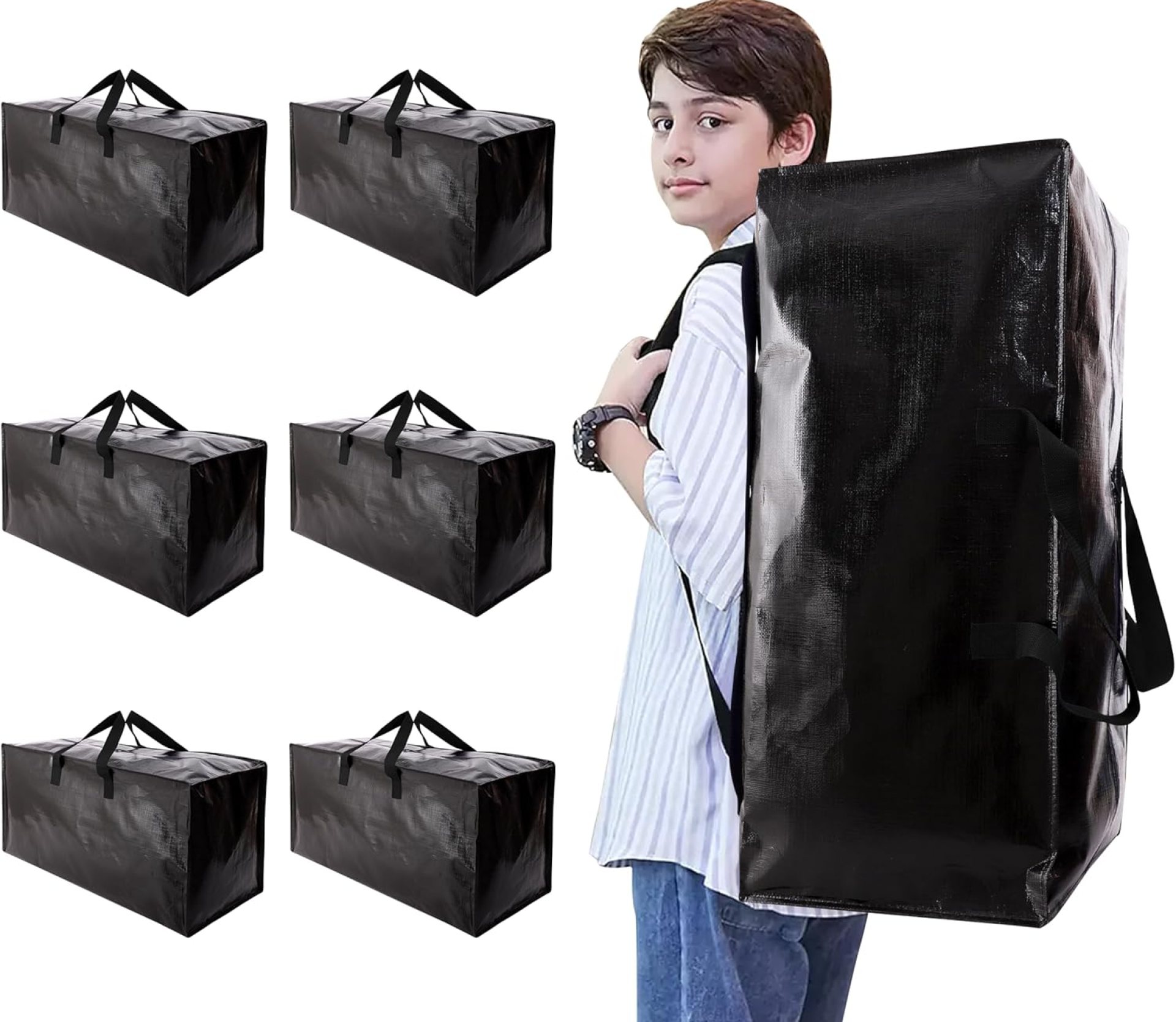 Heavy Duty Moving Bags with Backpack Straps and Strong Handles, Alternative to Moving Boxes and Storage Totes for Dorm Room Essentials, 6 Pack, Black Heavy Duty Moving Bags with Backpack Straps and Strong Handles, Alternative to Moving Boxes and Storage Totes for Dorm Room Essentials, 6 Pack, Black