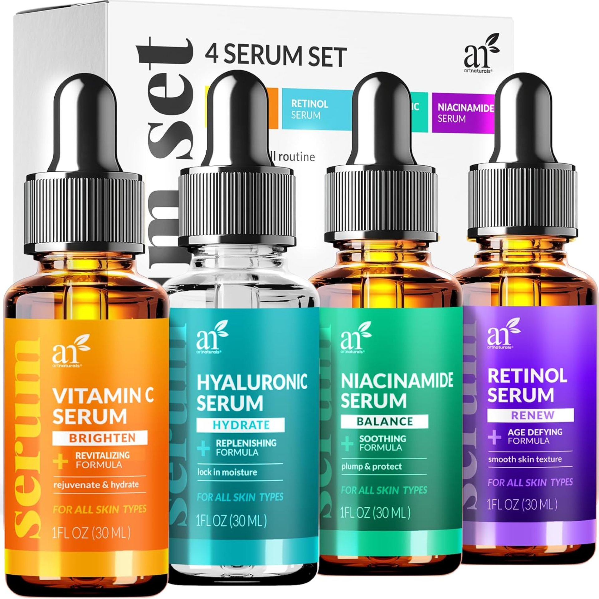 Vitamin C Serum Skin Care 4-Piece Set: Includes Retinol, Hyaluronic Acid & Niacinamide – Anti-Aging, Skin Brightening, Hydrating, Wrinkle Reduction, Dark Spot Corrector – 3-Month Supply – artnaturals Vitamin C Serum Skin Care 4-Piece Set: Includes Retinol, Hyaluronic Acid & Niacinamide – Anti-Aging, Skin Brightening, Hydrating, Wrinkle Reduction, Dark Spot Corrector – 3-Month Supply – artnaturals