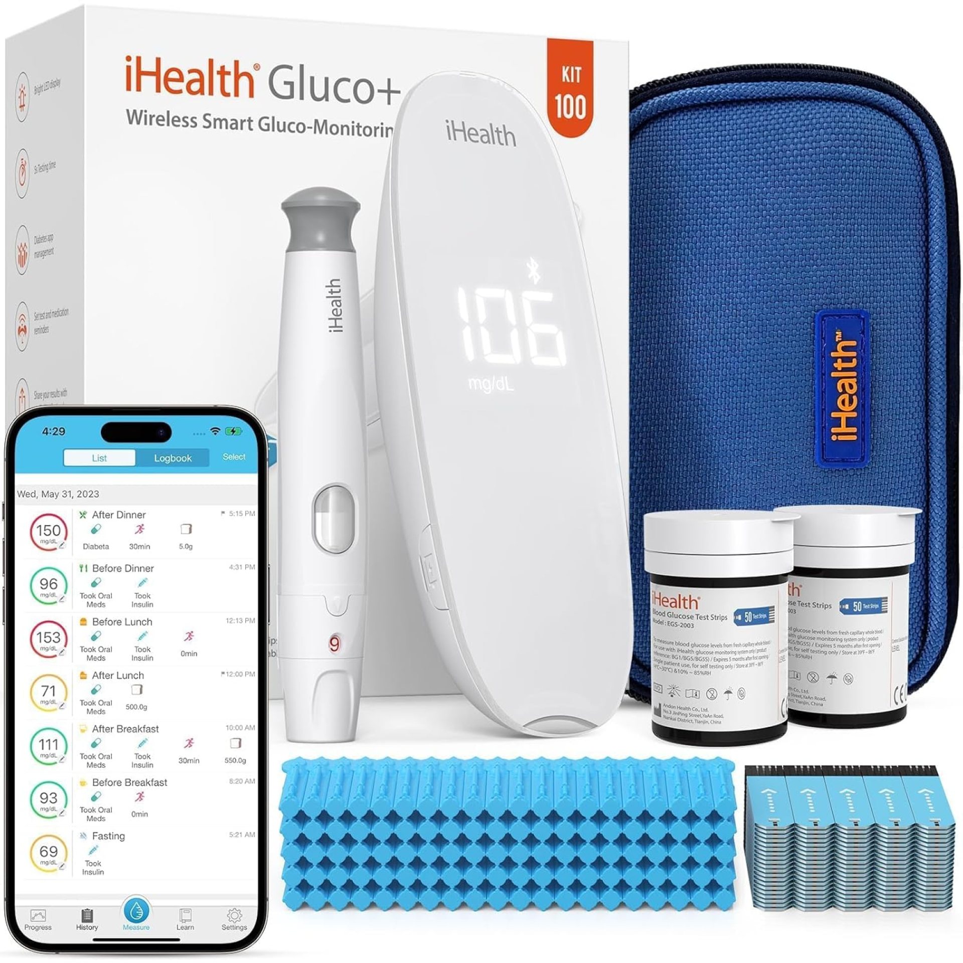 iHealth Gluco+ Wireless Smart Blood Glucose Monitor Kit with Free App, 100 Glucometer Strips, 100 Lancets, 1 Blood Sugar Monitor, 1 Lancing Device, Portable Diabetes Testing Kit for Home Use iHealth Gluco+ Wireless Smart Blood Glucose Monitor Kit with Free App, 100 Glucometer Strips, 100 Lancets, 1 Blood Sugar Monitor, 1 Lancing Device, Portable Diabetes Testing Kit for Home Use