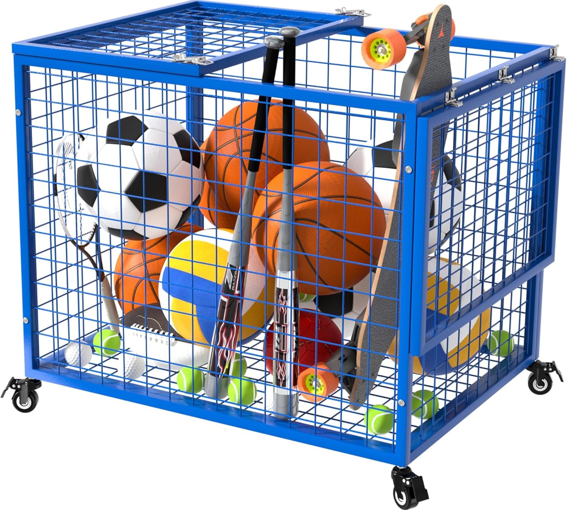 Ball Cart Garage Sports Equipment Organizer with Lockable Lid, Basketball Storage Bin for Indoor Outdoor, Rolling Exercise Ball Cart Holder for Gym, Club, School Ball Cart Garage Sports Equipment Organizer with Lockable Lid, Basketball Storage Bin for Indoor Outdoor, Rolling Exercise Ball Cart Holder for Gym, Club, School