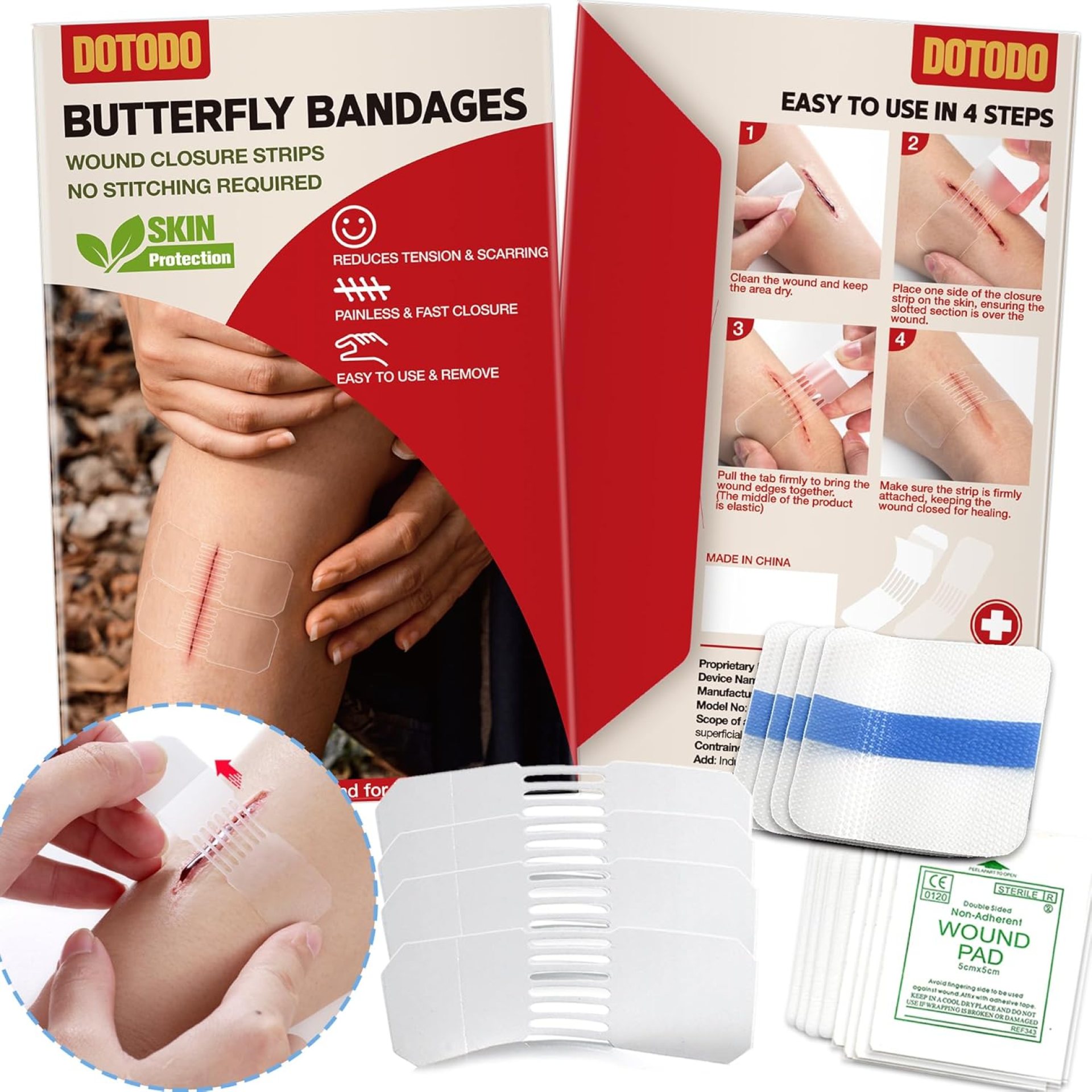 Emergency Wound Closure Strips – HSA/FSA Eligible – Dotodo 4PCS Laceration Closure Kit – Sutures Butterfly Bandaids | Stretchable & Shrinks Back to Close The Cut Emergency Wound Closure Strips – HSA/FSA Eligible – Dotodo 4PCS Laceration Closure Kit – Sutures Butterfly Bandaids | Stretchable & Shrinks Back to Close The Cut