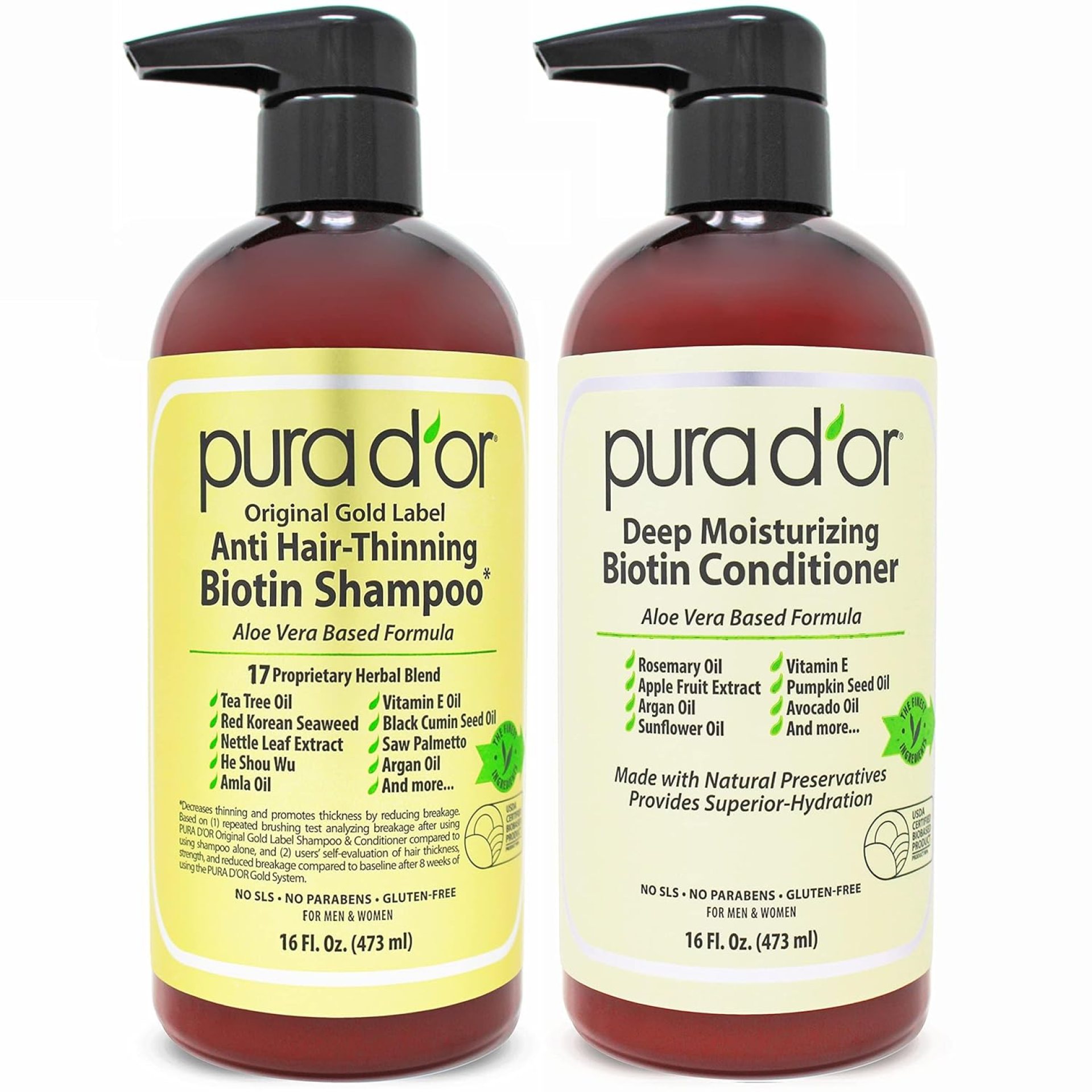 PURA D’OR Anti-Thinning Biotin Shampoo & Deep Moisturizing Conditioner Original Gold Label Set (16oz x2) Natural Earthy Scent, CLINICALLY TESTED Effective Results, DHT Blocker Thickening, Women & Men PURA D’OR Anti-Thinning Biotin Shampoo & Deep Moisturizing Conditioner Original Gold Label Set (16oz x2) Natural Earthy Scent, CLINICALLY TESTED Effective Results, DHT Blocker Thickening, Women & Men