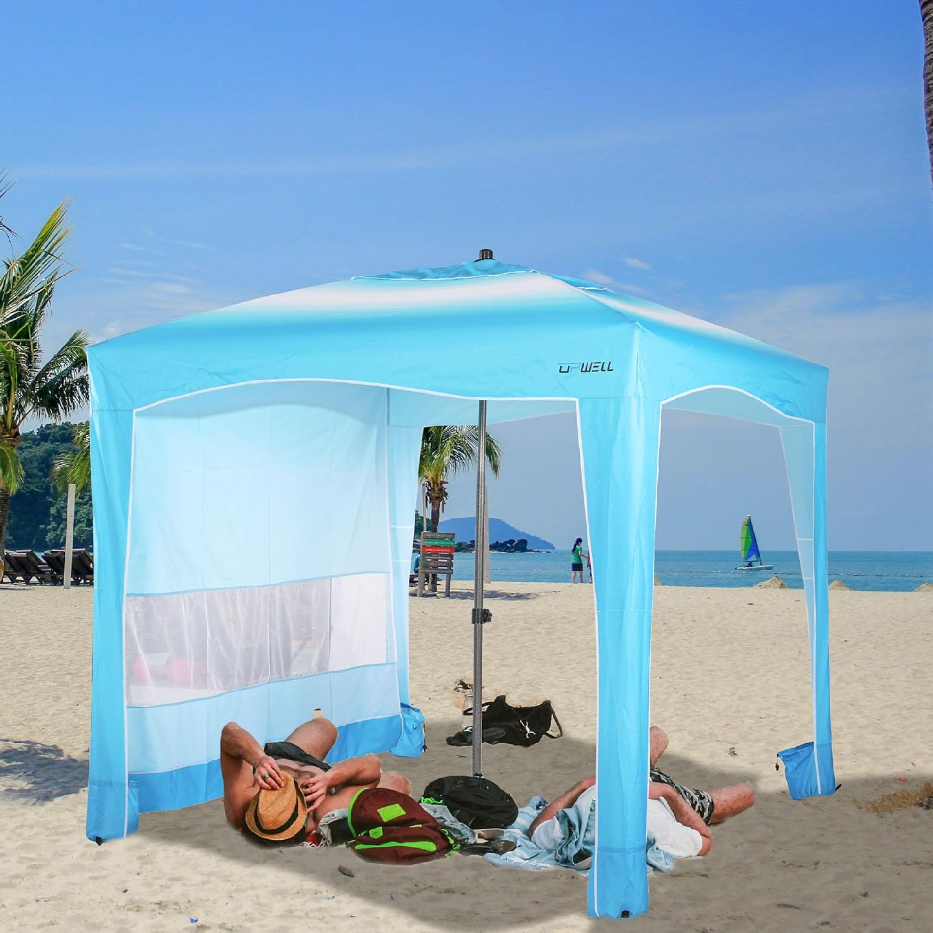 UPWELL Beach Tent Easy Set Up Canopy Sun Shelter Cool Cabana Shade with UPF 50+UV Protection Portable Beach Umbrella Outdoor Sunwall with Sand Pockets for Fishing Backyard Camping (Gradient Blue) UPWELL Beach Tent Easy Set Up Canopy Sun Shelter Cool Cabana Shade with UPF 50+UV Protection Portable Beach Umbrella Outdoor Sunwall with Sand Pockets for Fishing Backyard Camping (Gradient Blue)