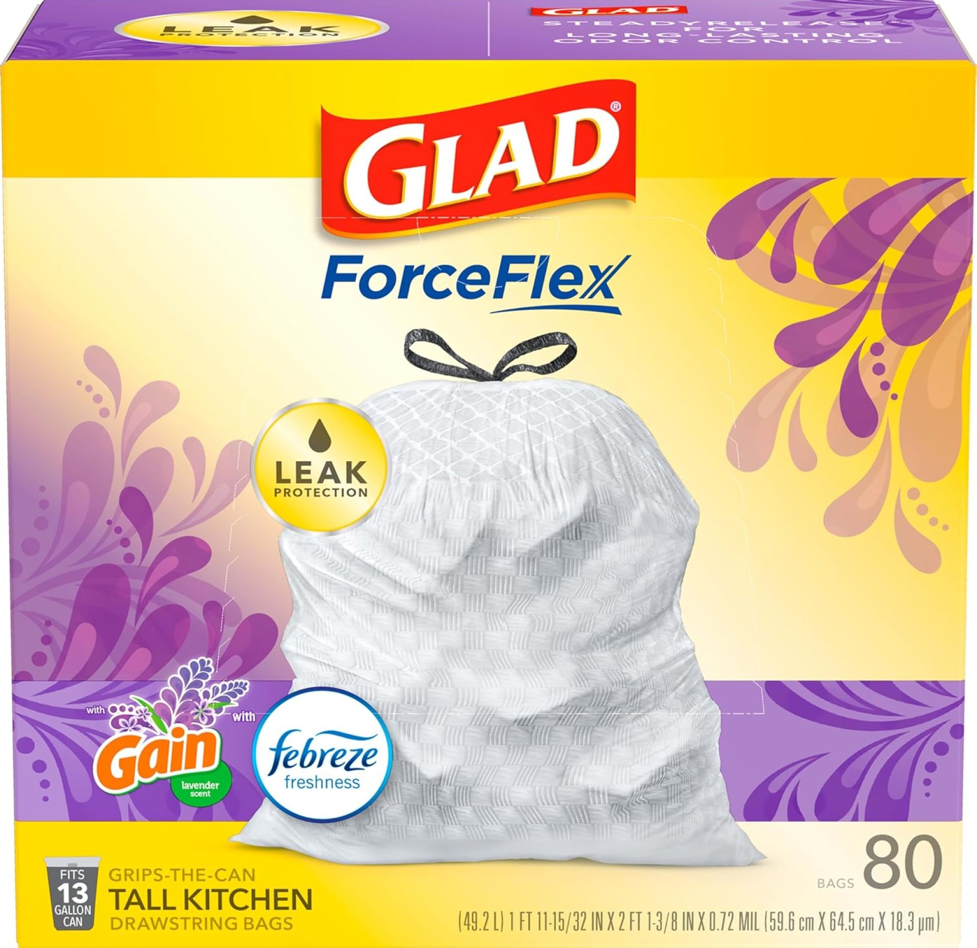 Glad ForceFlex Tall Kitchen Trash Bags, 13 Gal, Gain Lavender with Febreze, 80 Ct (Pack May Vary) Glad ForceFlex Tall Kitchen Trash Bags, 13 Gal, Gain Lavender with Febreze, 80 Ct (Pack May Vary)