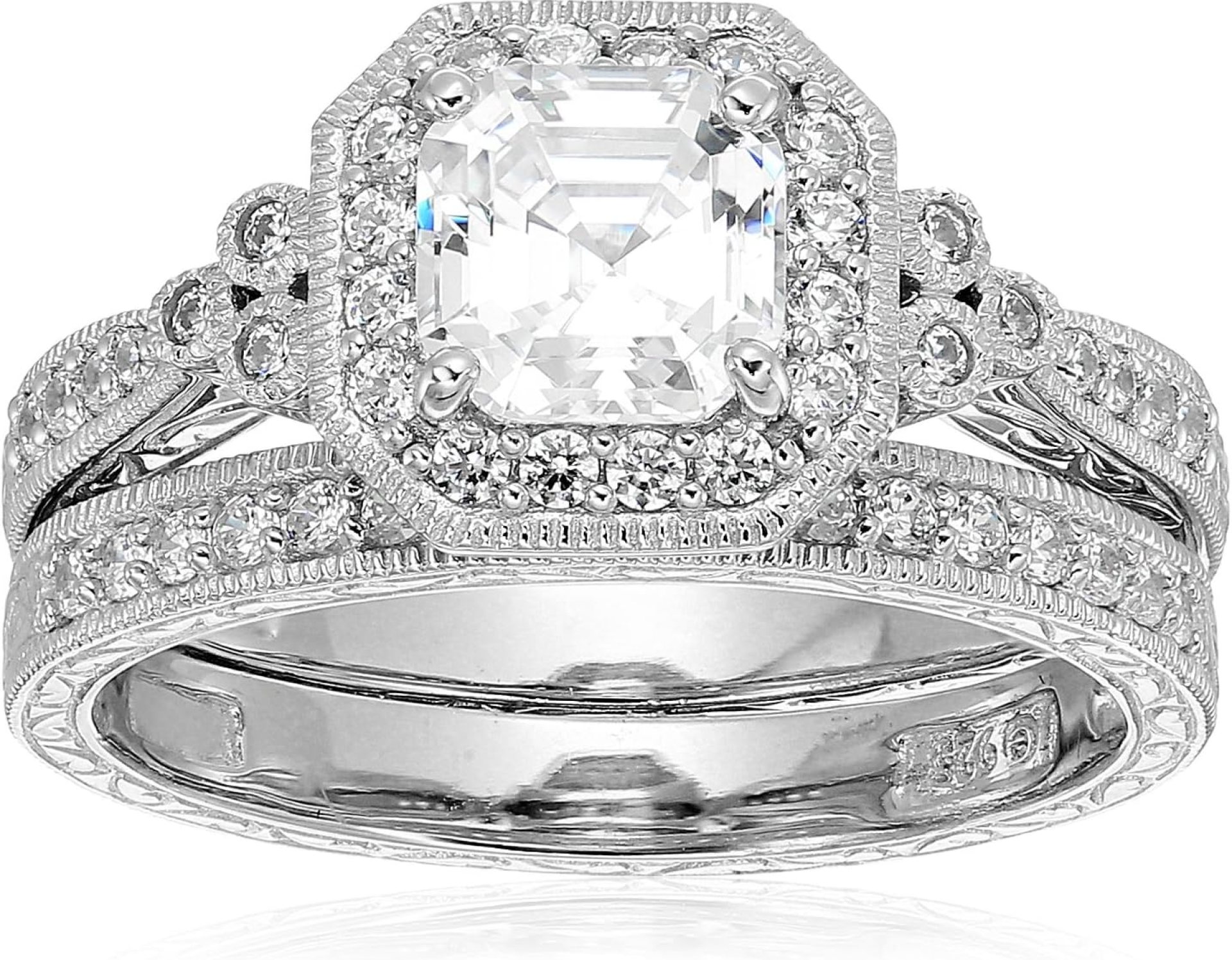 Amazon Essentials Platinum or Gold Plated Sterling Silver Antique Ring set with Asscher-Cut Infinite Elements Cubic Zirconia (previously Amazon Collection) Amazon Essentials Platinum or Gold Plated Sterling Silver Antique Ring set with Asscher-Cut Infinite Elements Cubic Zirconia (previously Amazon Collection)
