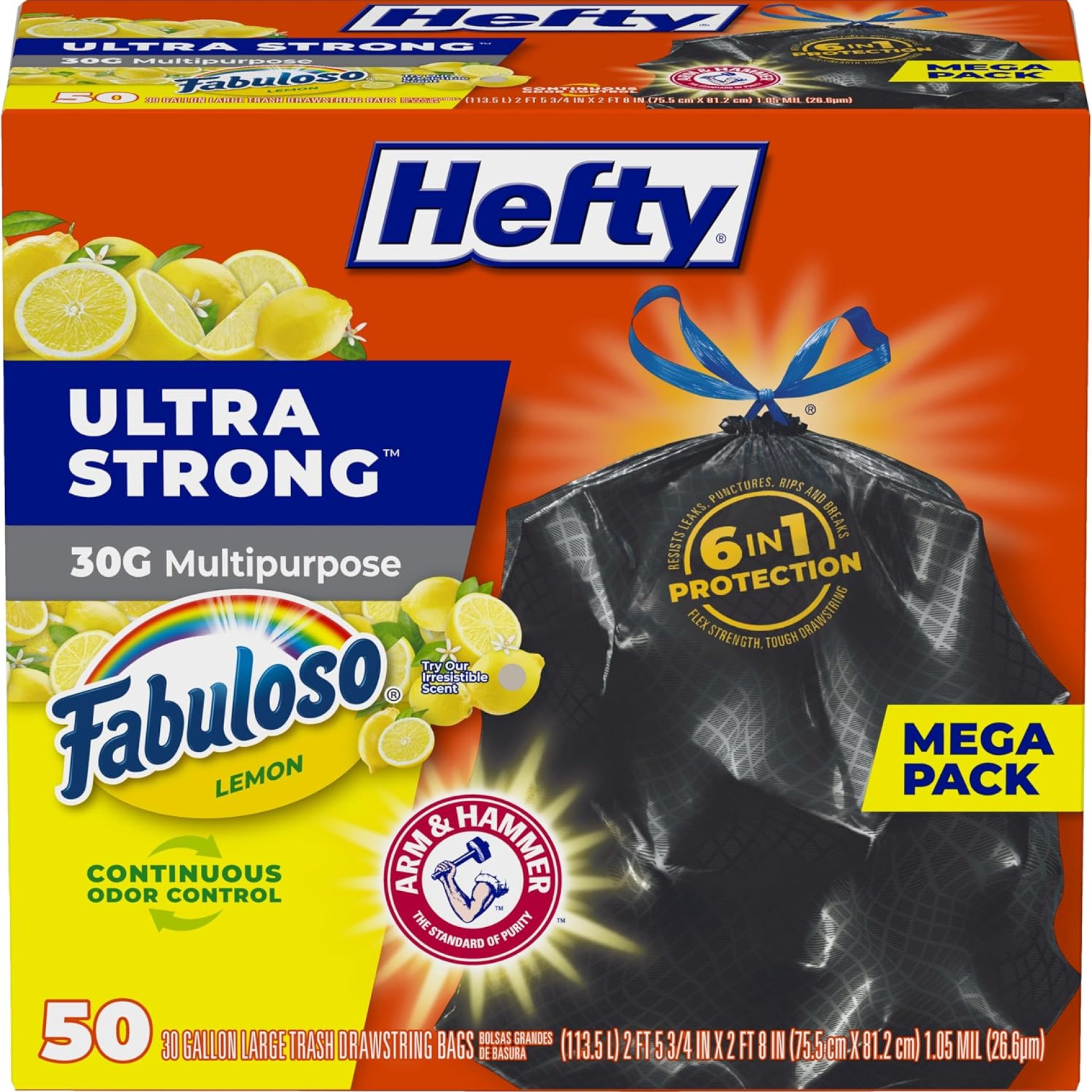 Hefty Ultra Strong Multipurpose Large Trash Bags, Black, Fabuloso Lemon Scent, 30 Gallon, 50ct Hefty Ultra Strong Multipurpose Large Trash Bags, Black, Fabuloso Lemon Scent, 30 Gallon, 50ct