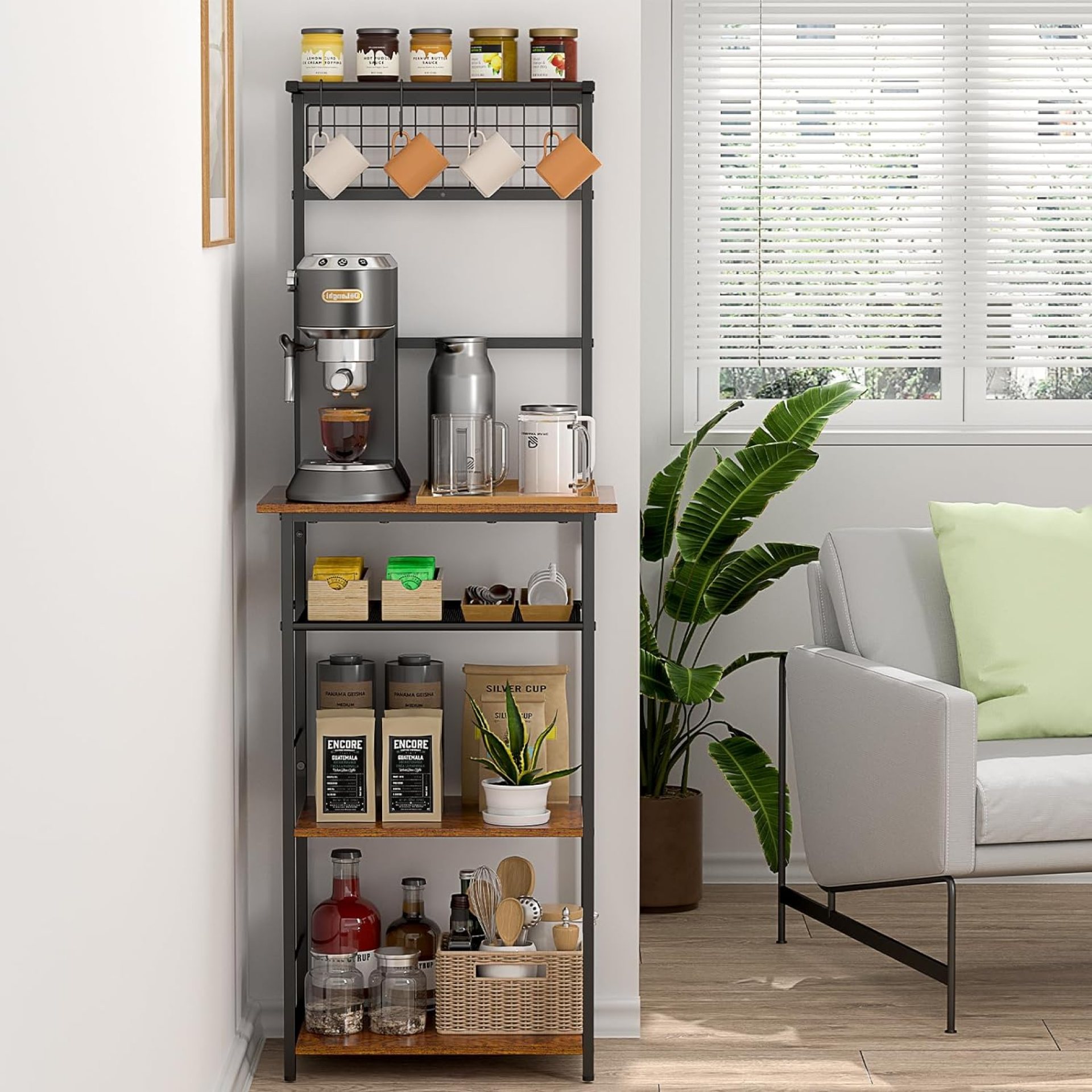 5 Tier Coffee Bar Station, Coffee Stand Station with 4 S-Shaped Hooks, Farmhouse Corner Coffee Bar Cabinet for Small Spaces, Bakers Rack for Kitchen, Entryway, Living Room, 13.43″D x 18.93″W x 53.31″H 5 Tier Coffee Bar Station, Coffee Stand Station with 4 S-Shaped Hooks, Farmhouse Corner Coffee Bar Cabinet for Small Spaces, Bakers Rack for Kitchen, Entryway, Living Room, 13.43″D x 18.93″W x 53.31″H